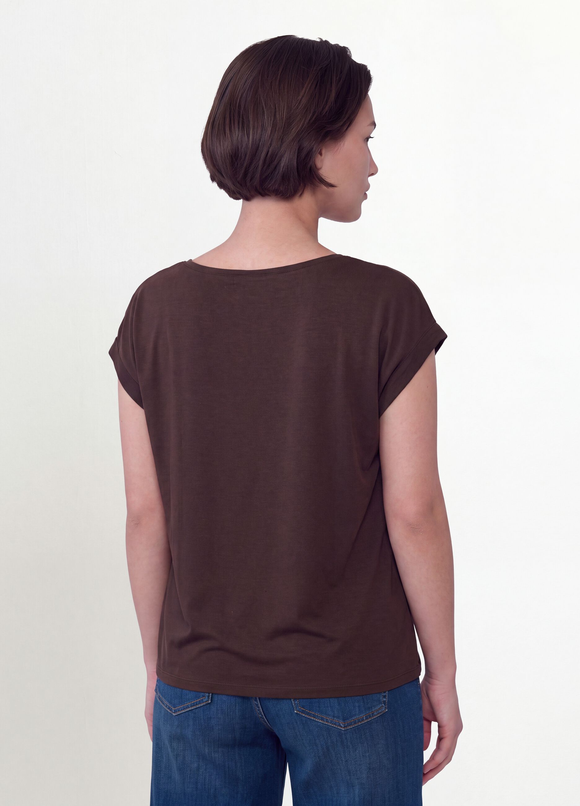 Brown pure viscose V-neck T-shirt, regular fit