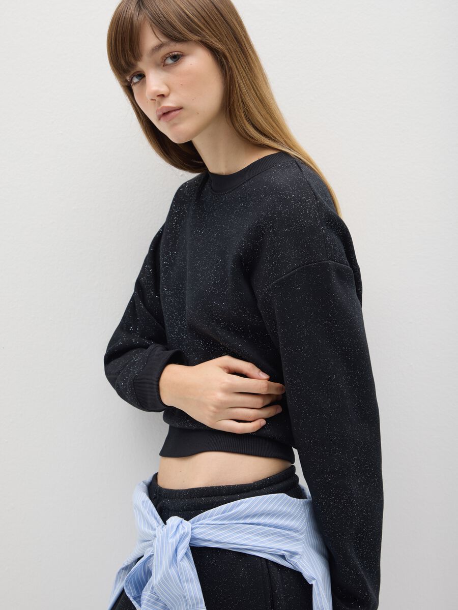 Black crew neck sweatshirt with sparkling details_0