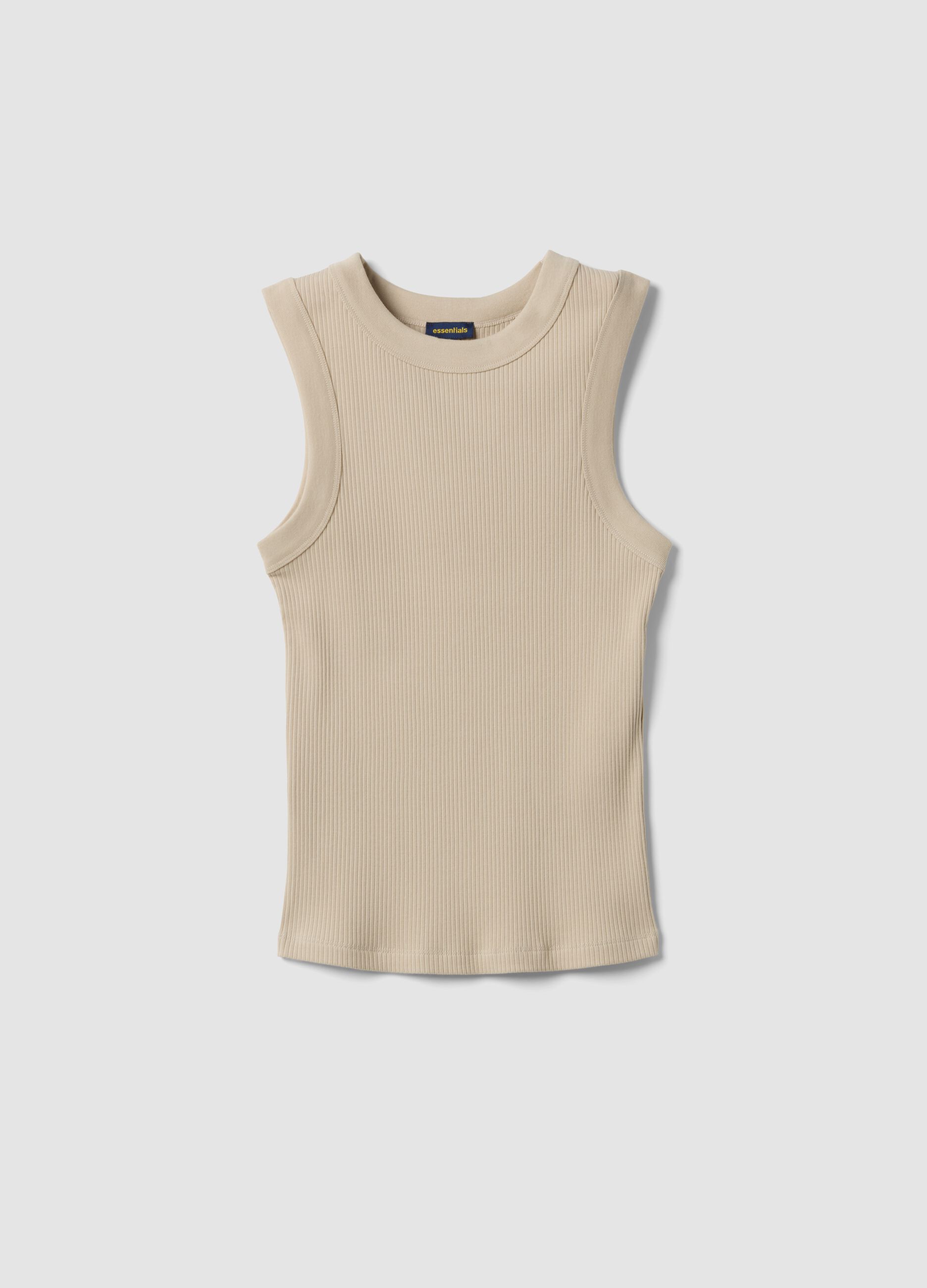 Beige fitted ribbed stretch-cotton tank top