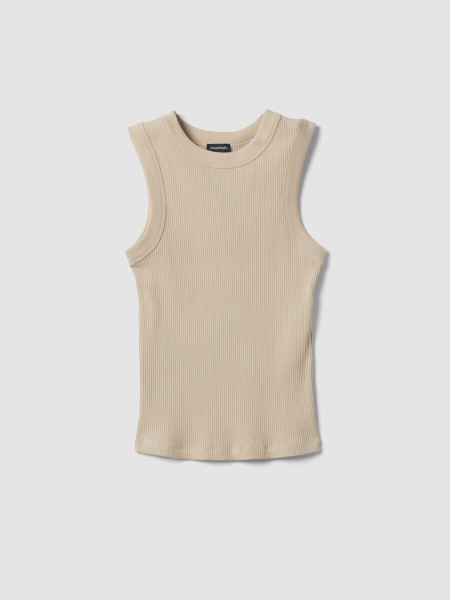 Tank top beige in cotone elasticizzato a costine fitted_4
