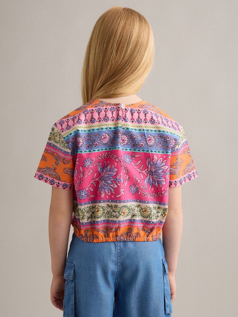 Camicia multicolor in puro cotone da bambina con nodo frontale_1