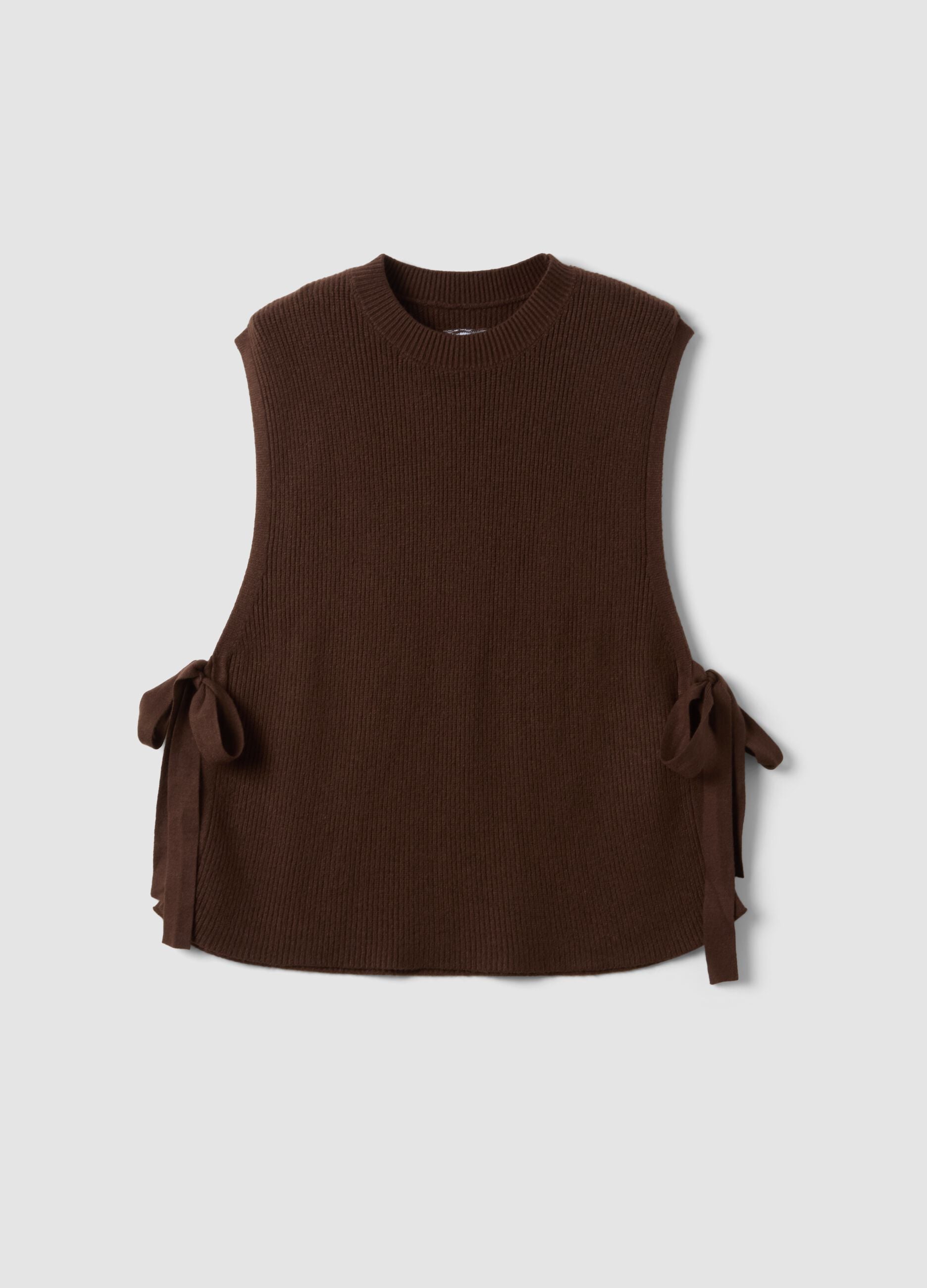 Brown ribbed viscose-blend gilet with side bows, regular fit