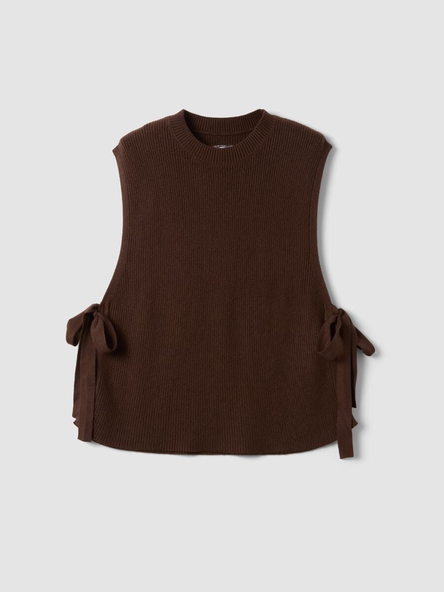 Brown ribbed viscose-blend gilet with side bows, regular fit_0