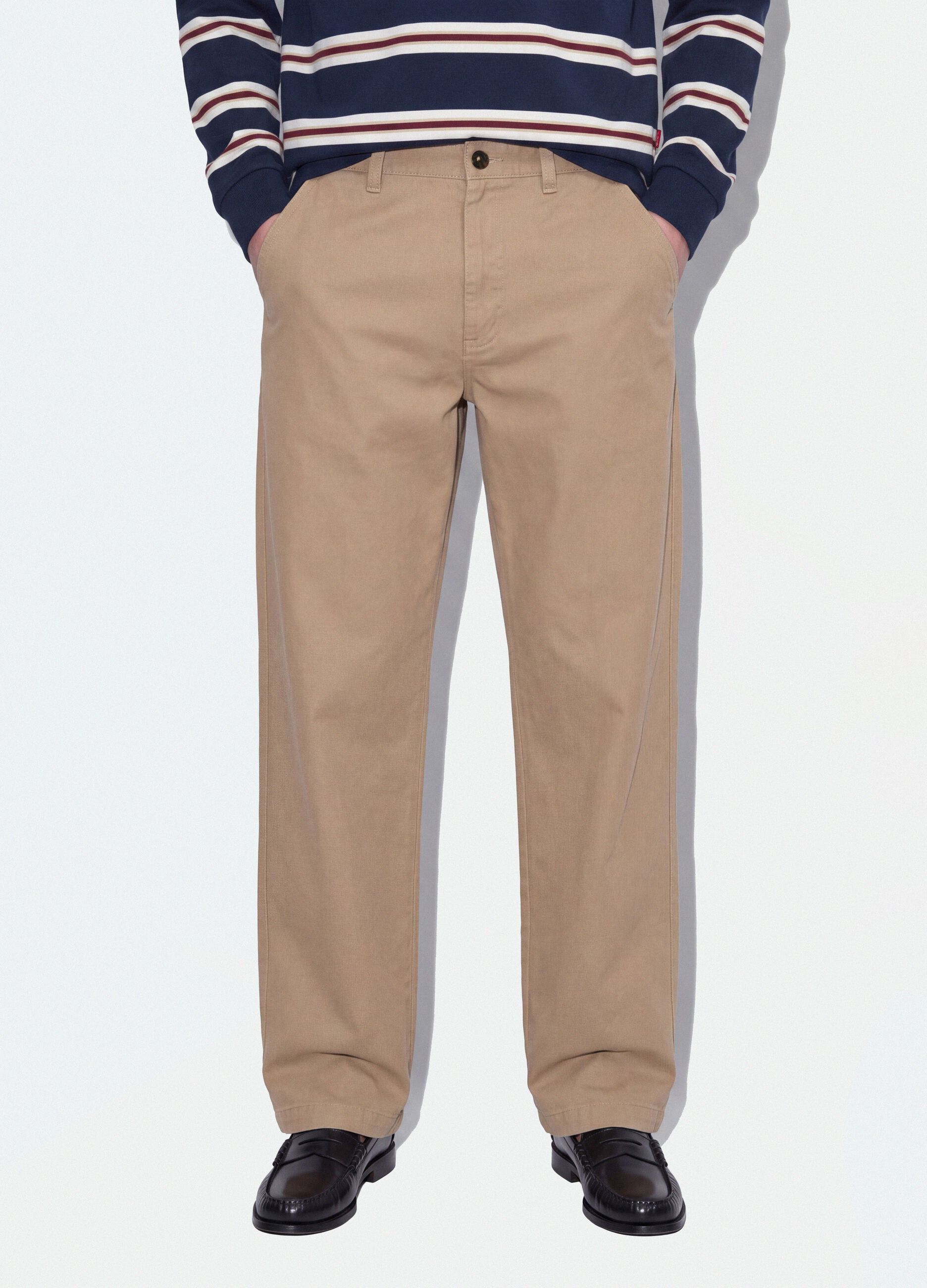 Beige pure cotton barrel-fit chino trousers