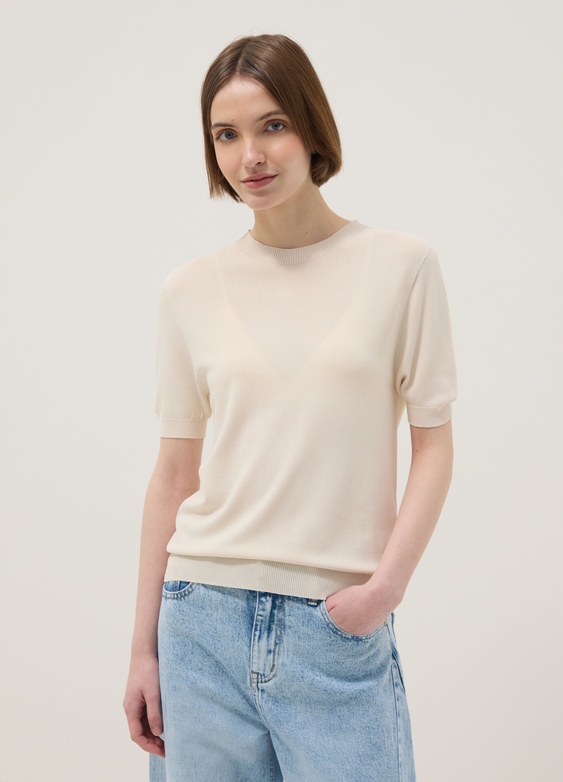 Beige Viscose Blend Regular Fit T-shirt