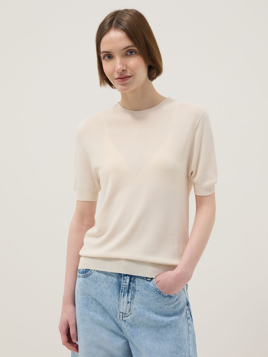 Beige Viscose Blend Regular Fit T-shirt_0