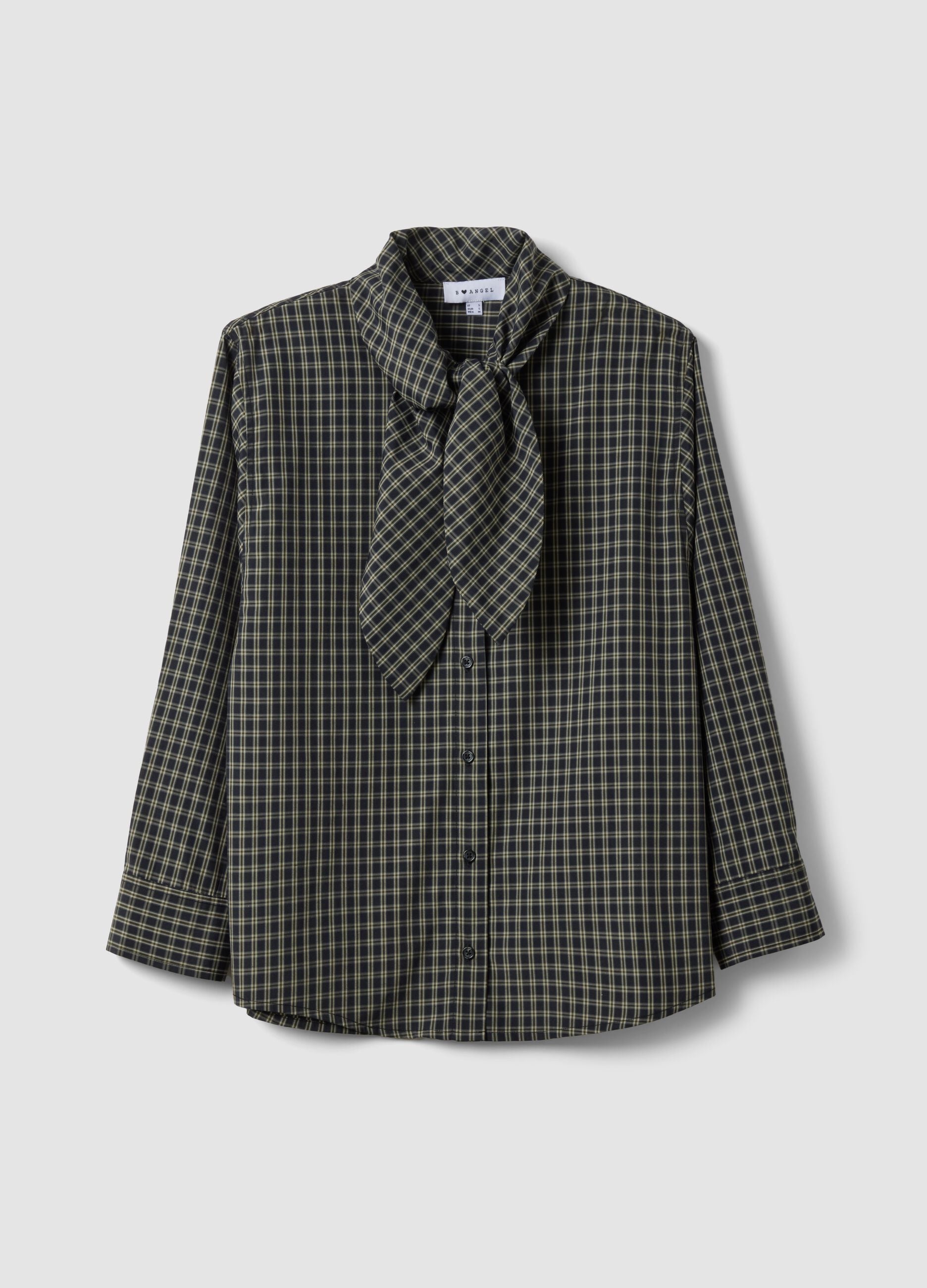 Black oversized cotton-blend checked shirt with bow