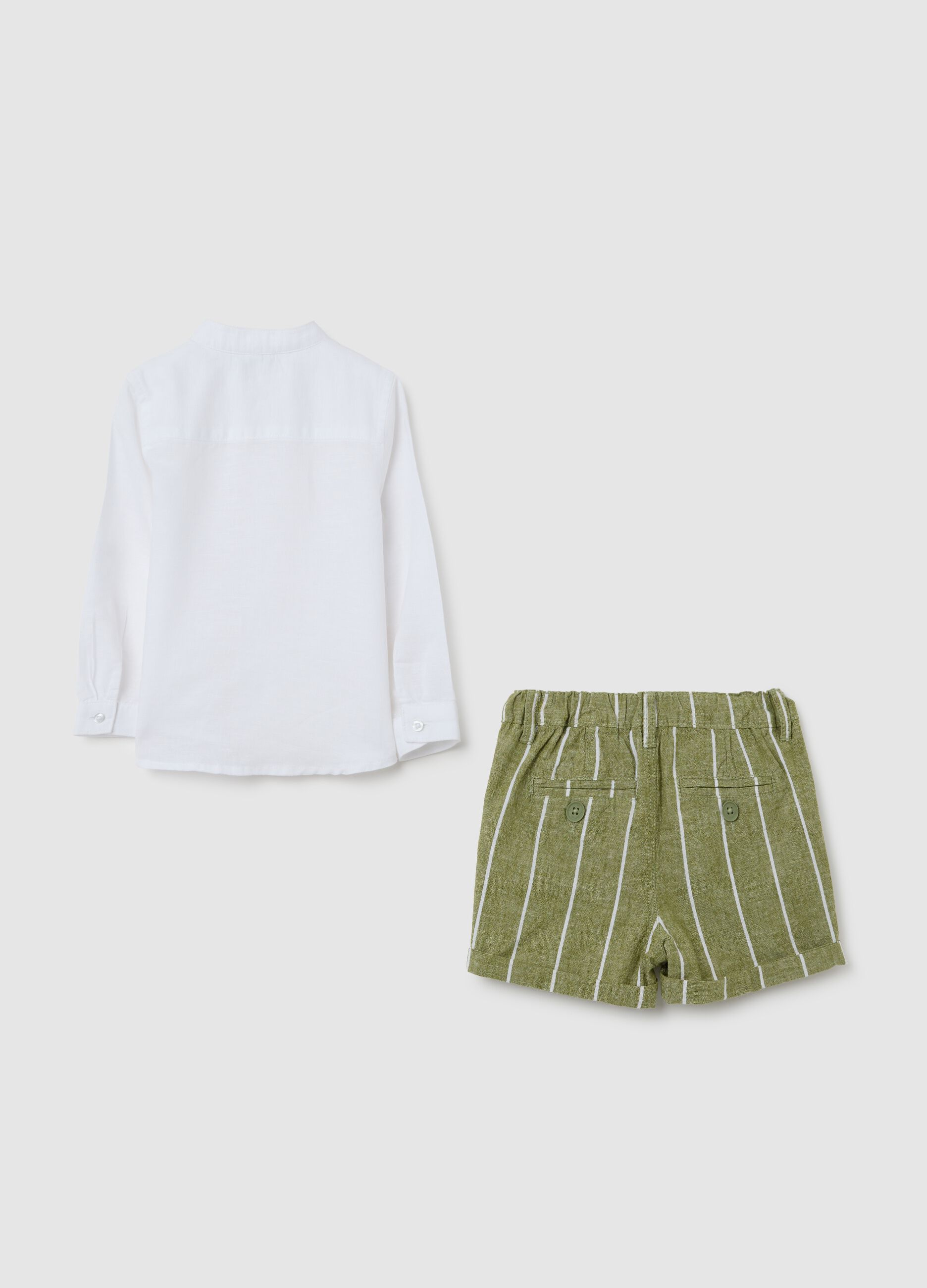 Children's set in white and green regular fit linen and cotton blend with striped shorts