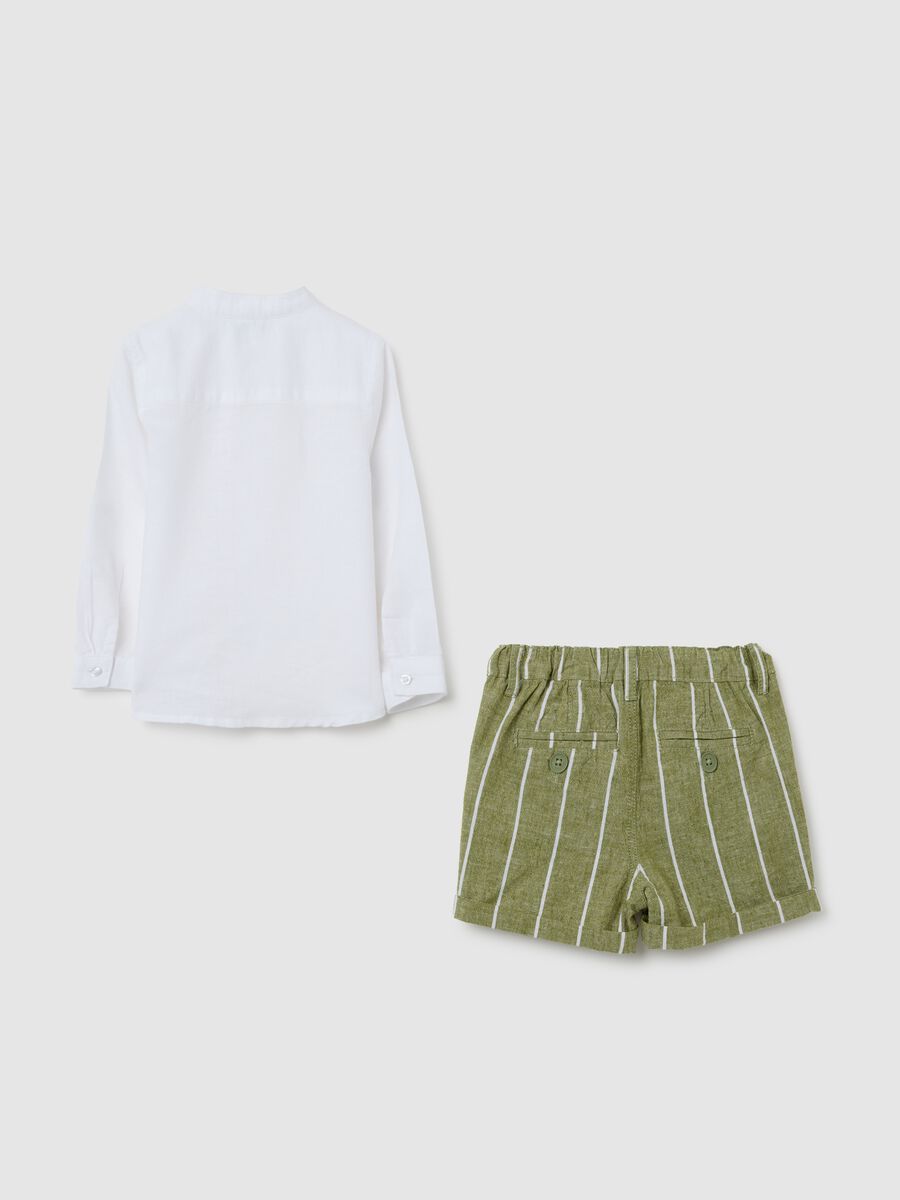 Children's set in white and green regular fit linen and cotton blend with striped shorts_1