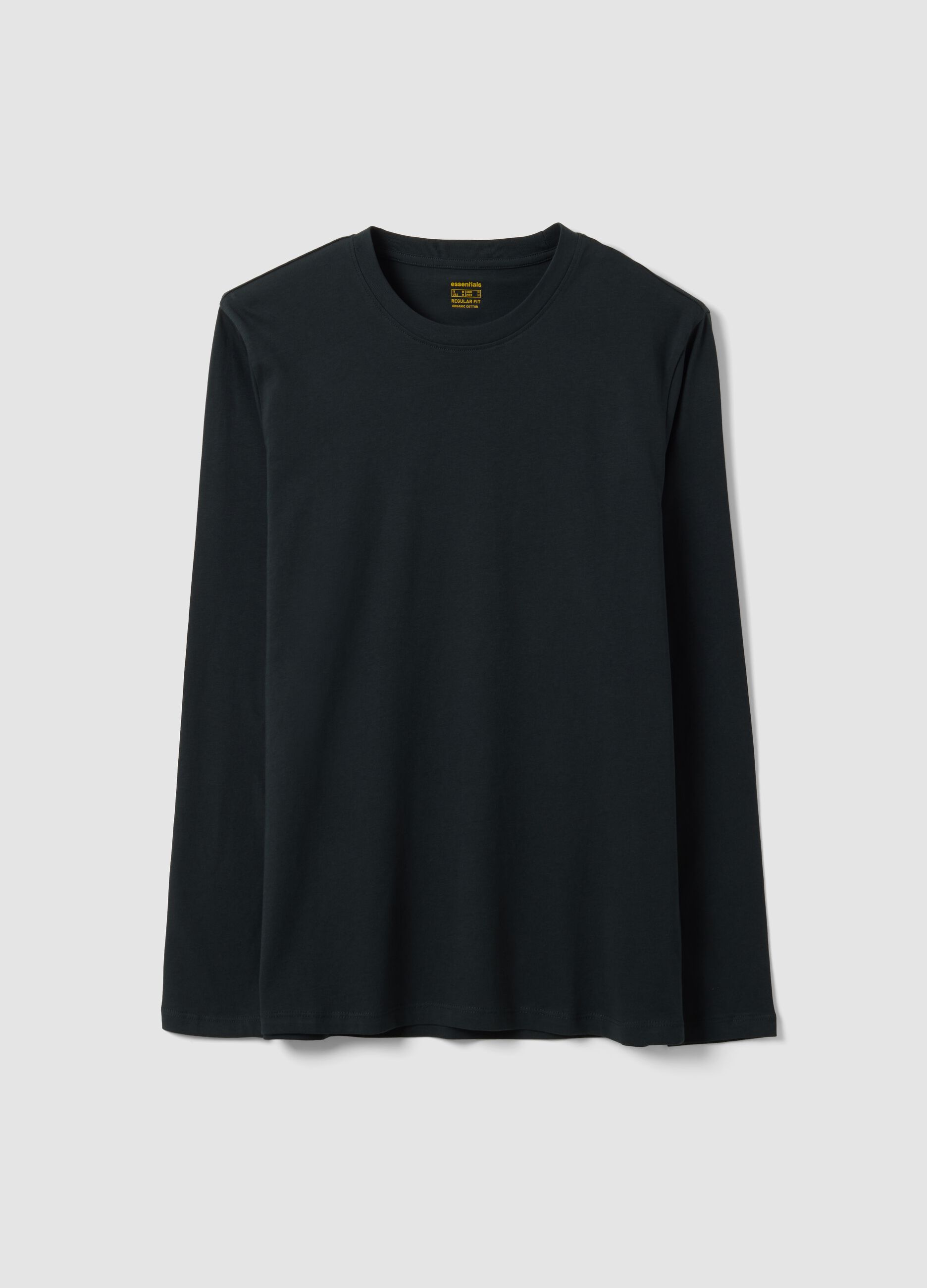 T-shirt nera a maniche lunghe in puro cotone organico con girocollo
