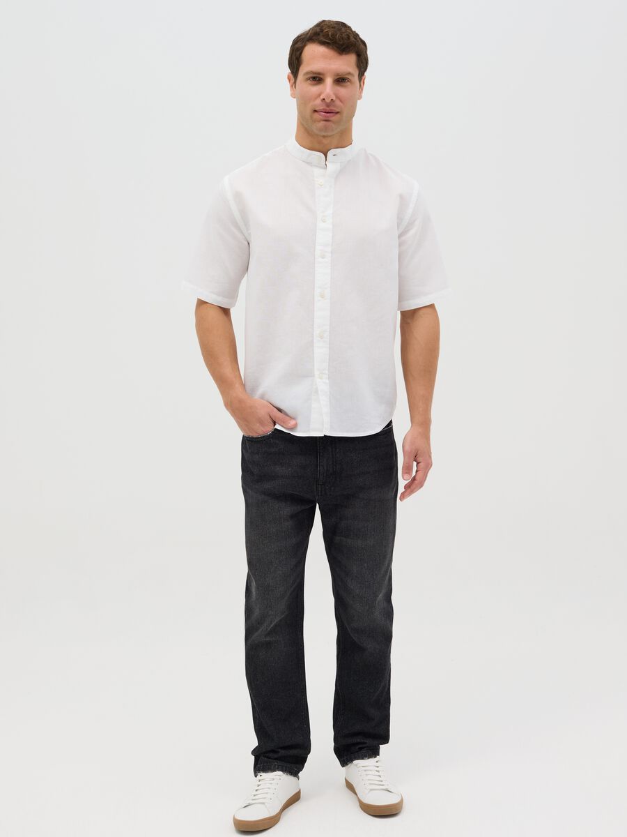 Mandarin shirt in cotton and linen with short sleeves_1