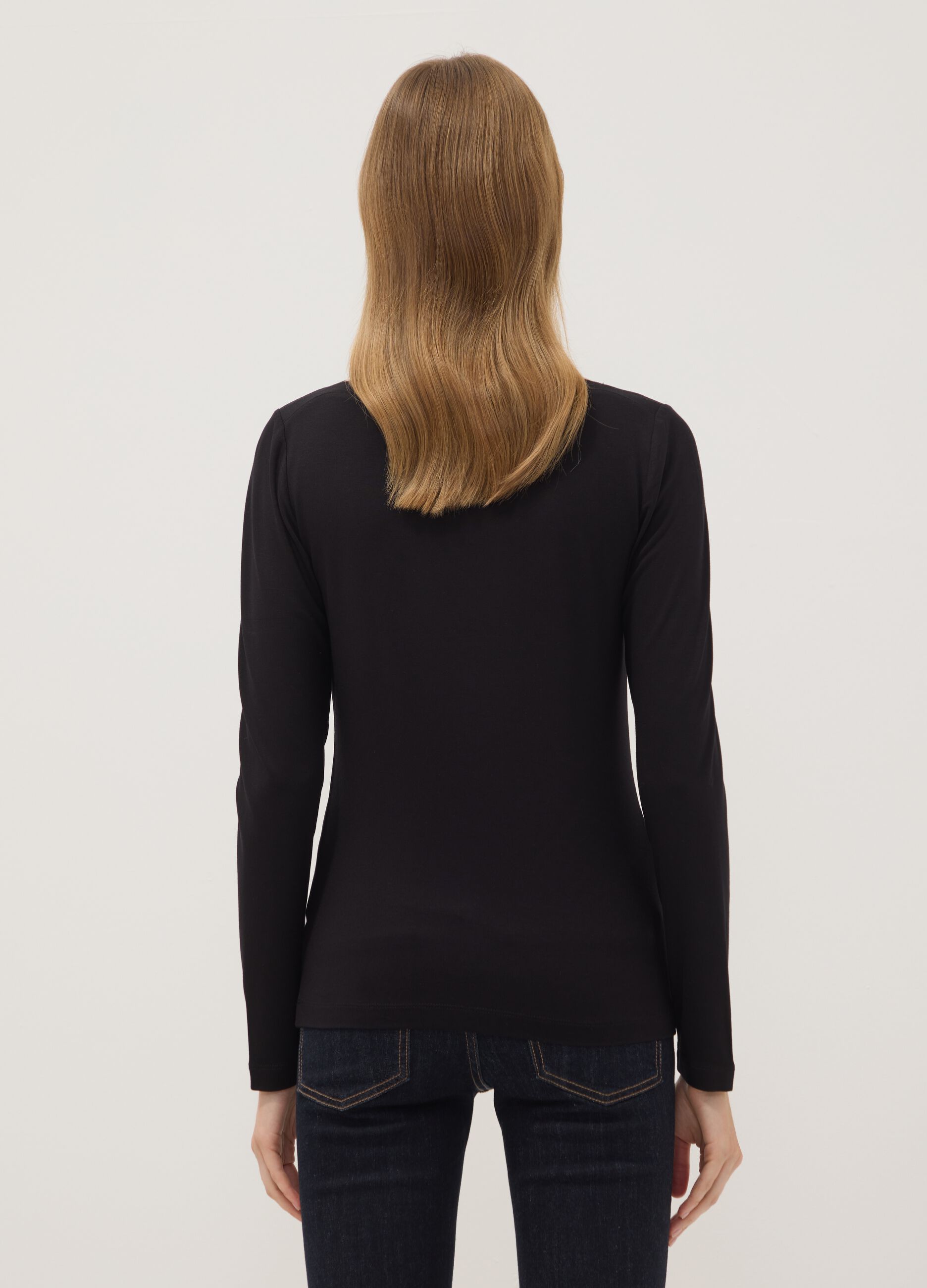 Black stretch viscose long-sleeve T-shirt