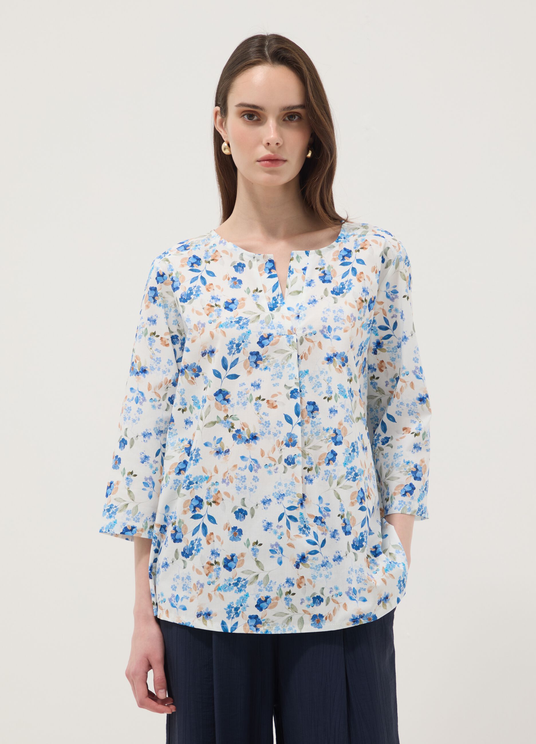 White floral stretch cotton blouse, regular fit