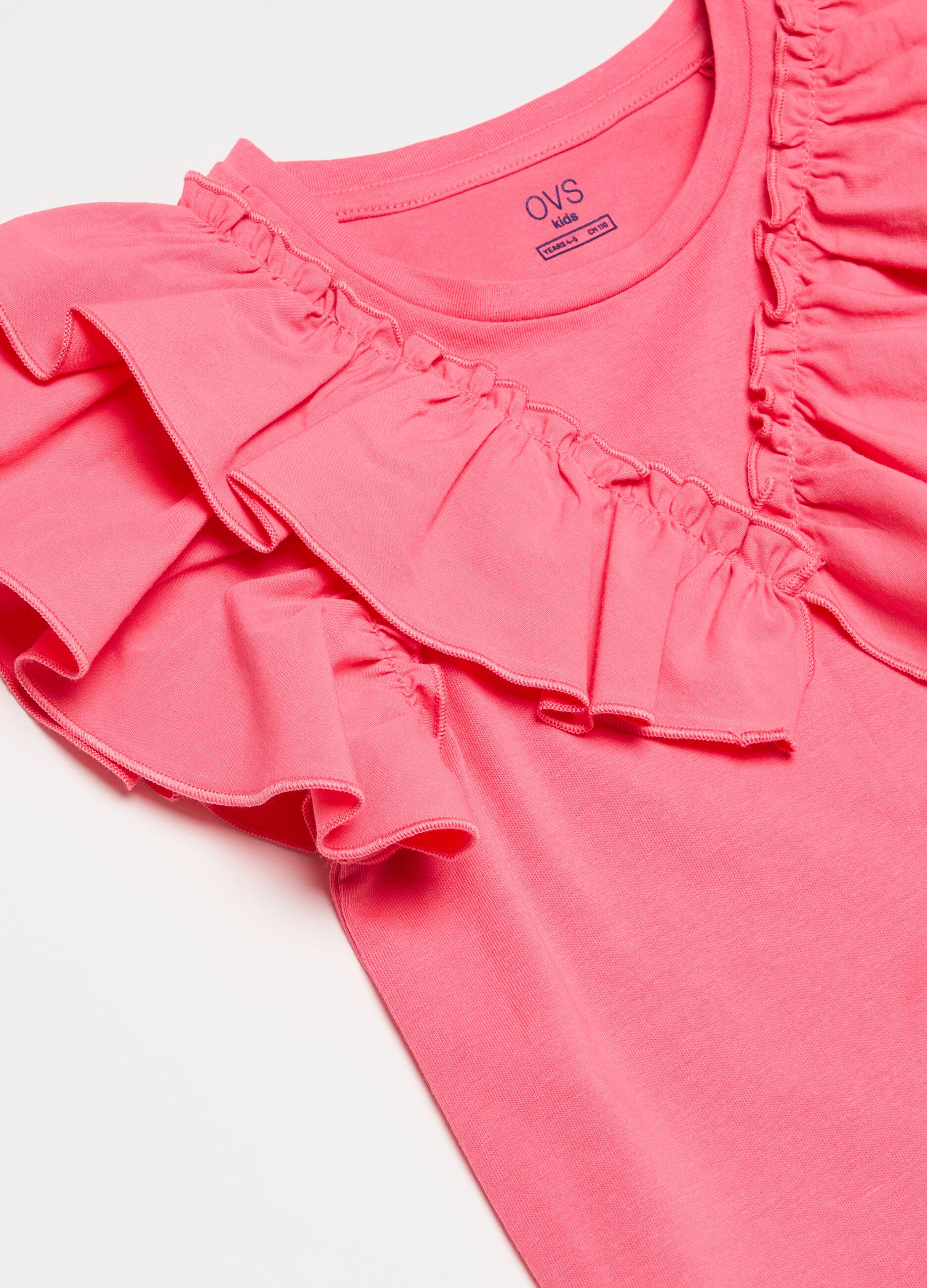 Stretch cotton T-shirt with ruffles