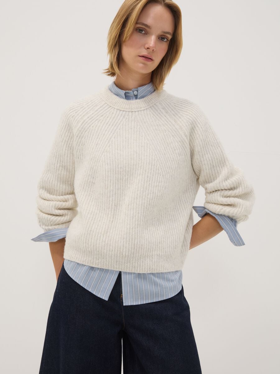 Beige ribbed wool-blend crew-neck jumper_0