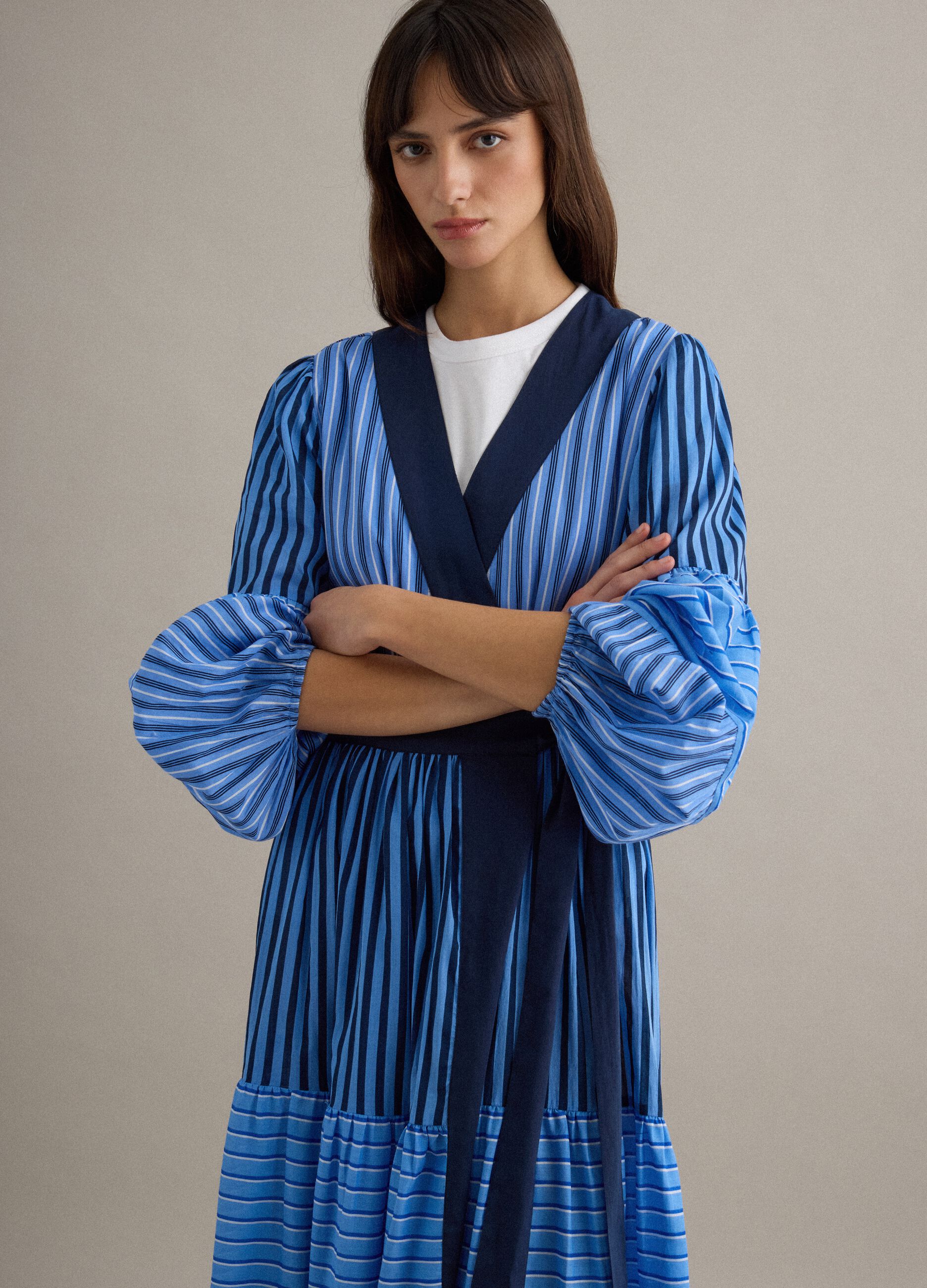 Multicolour striped pure cotton dress with regular fit and V-neck