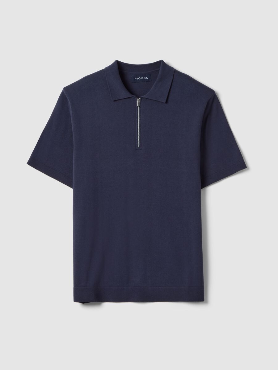 Short-sleeved blue pure cotton polo, regular fit with zip_4