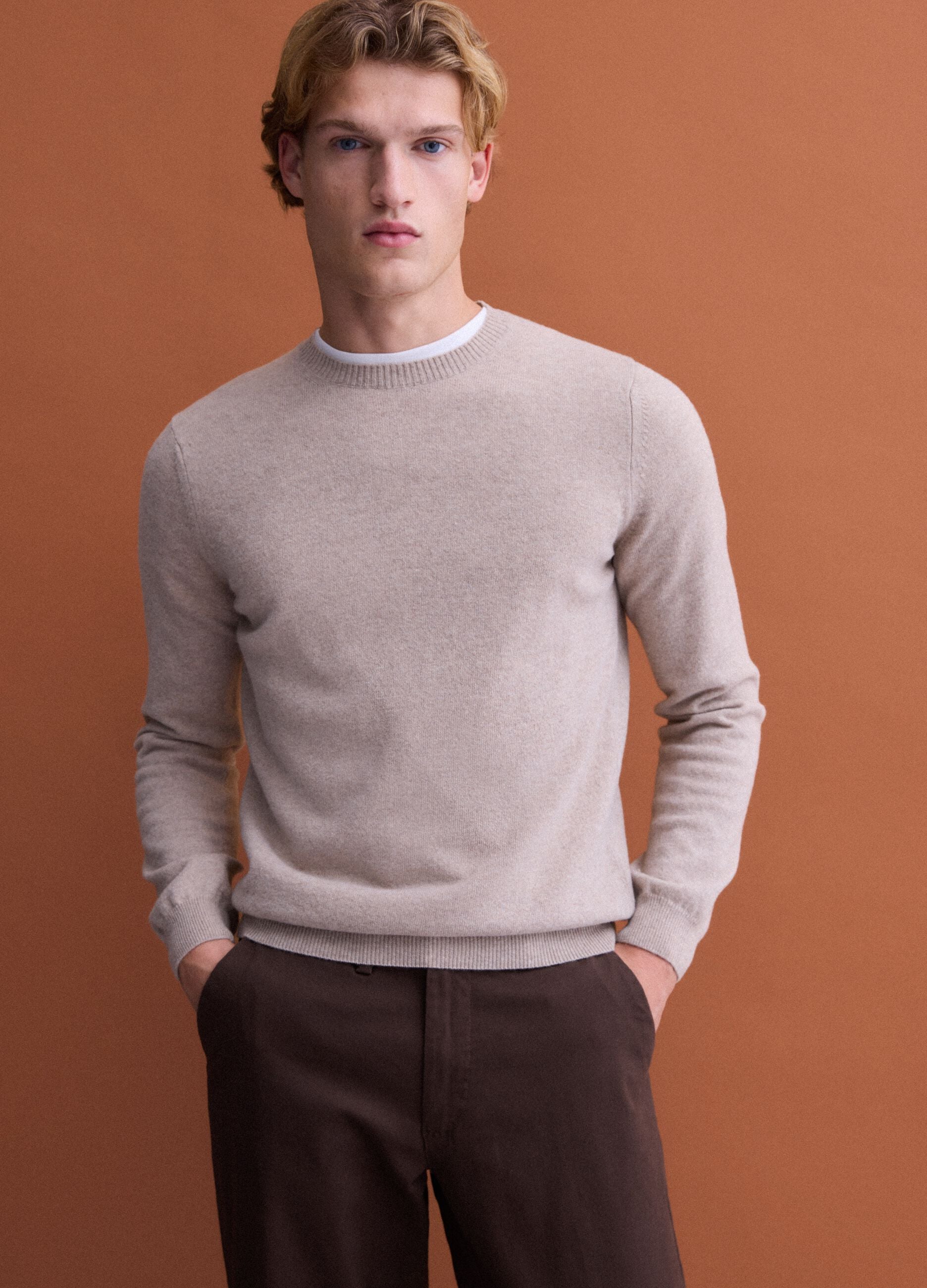 Beige pure wool crew-neck jumper, regular fit