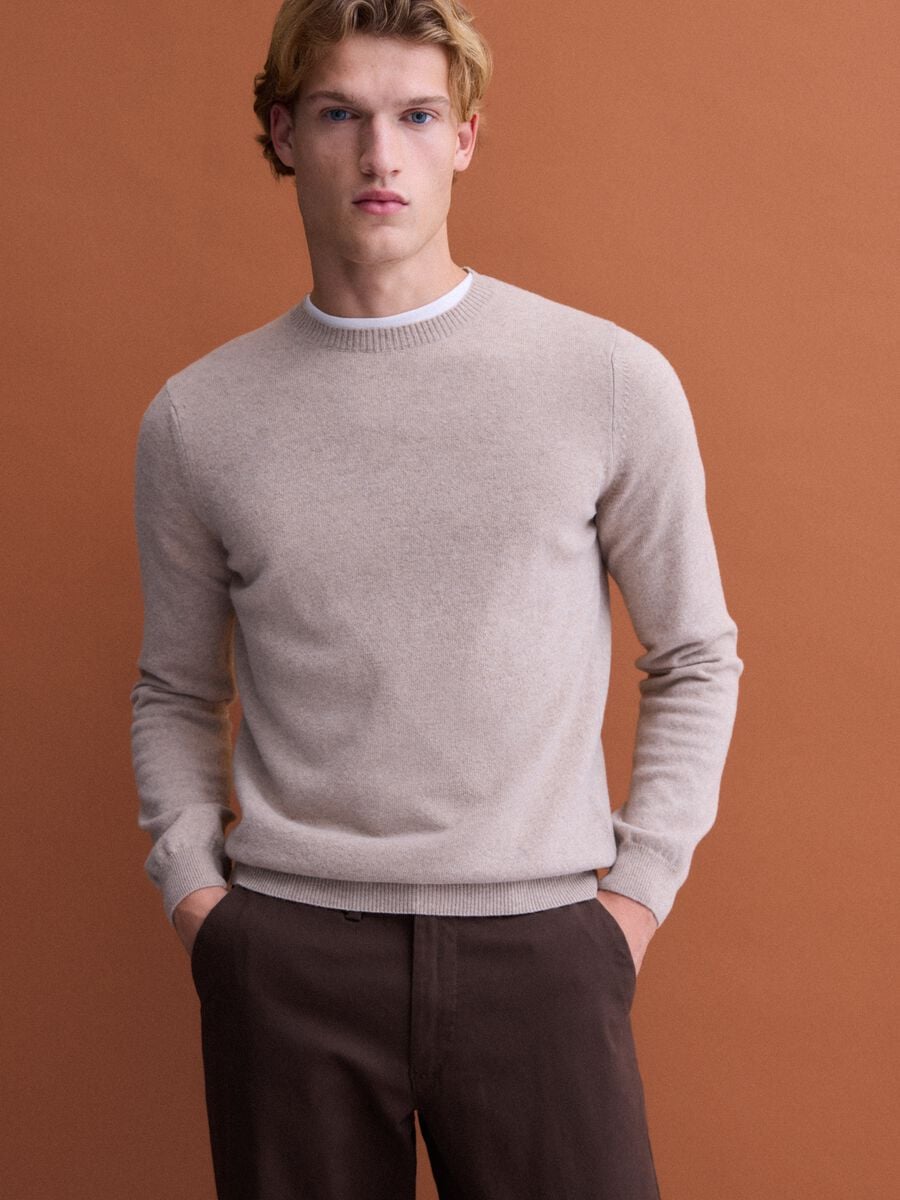 Pullover beige in pura lana a girocollo regular fit_1