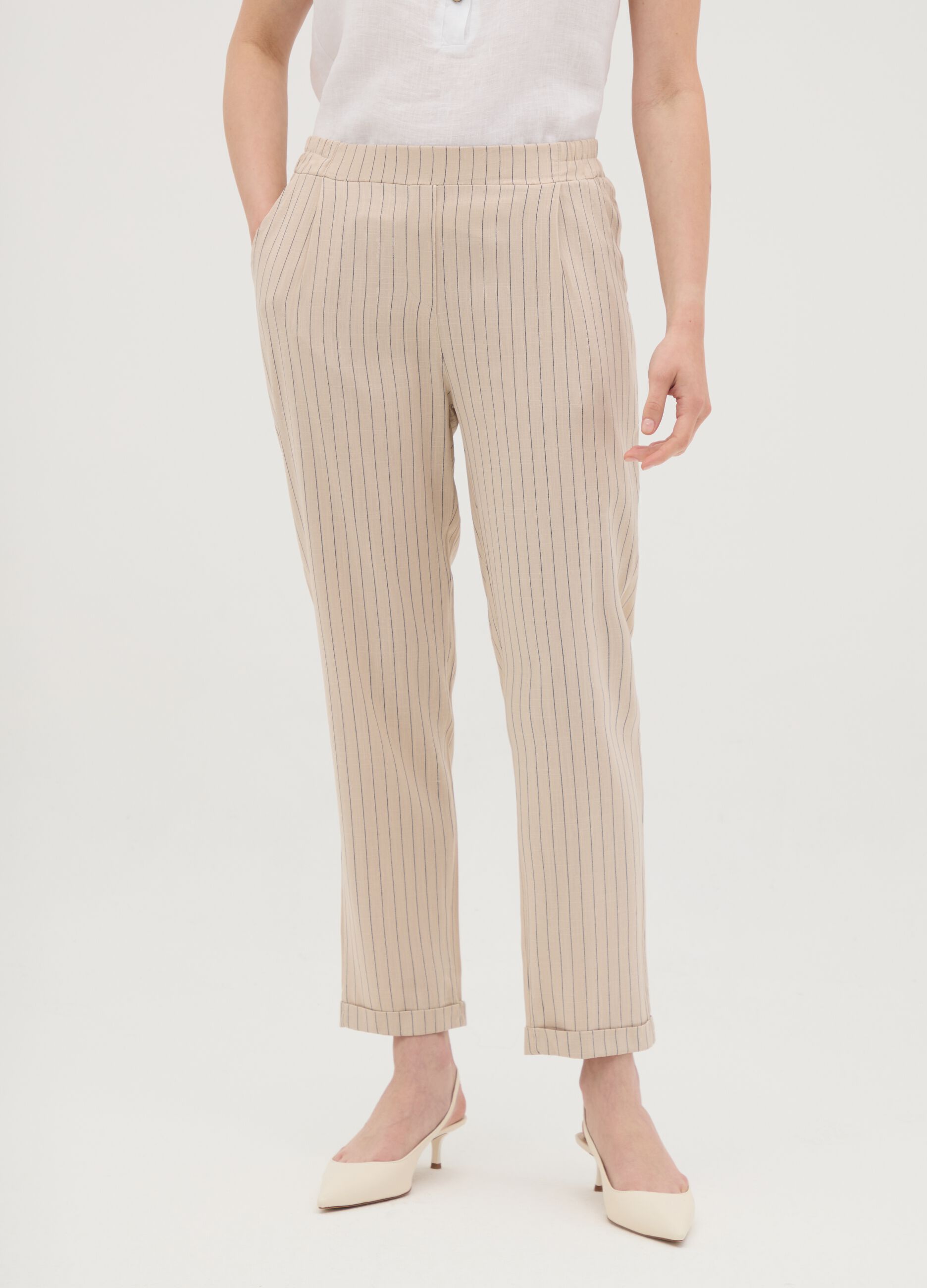 Women's beige viscose blend trousers, regular fit