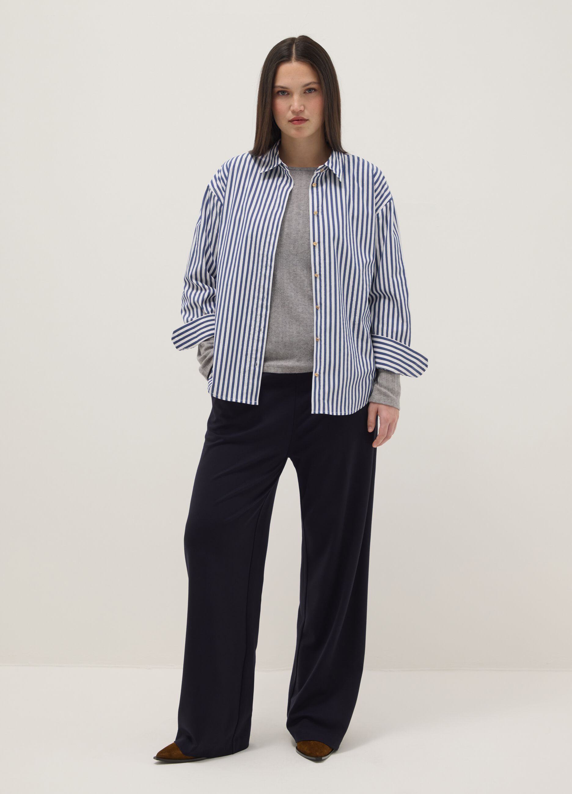 Blue Wide-Leg Trousers with Decorative Buttons
