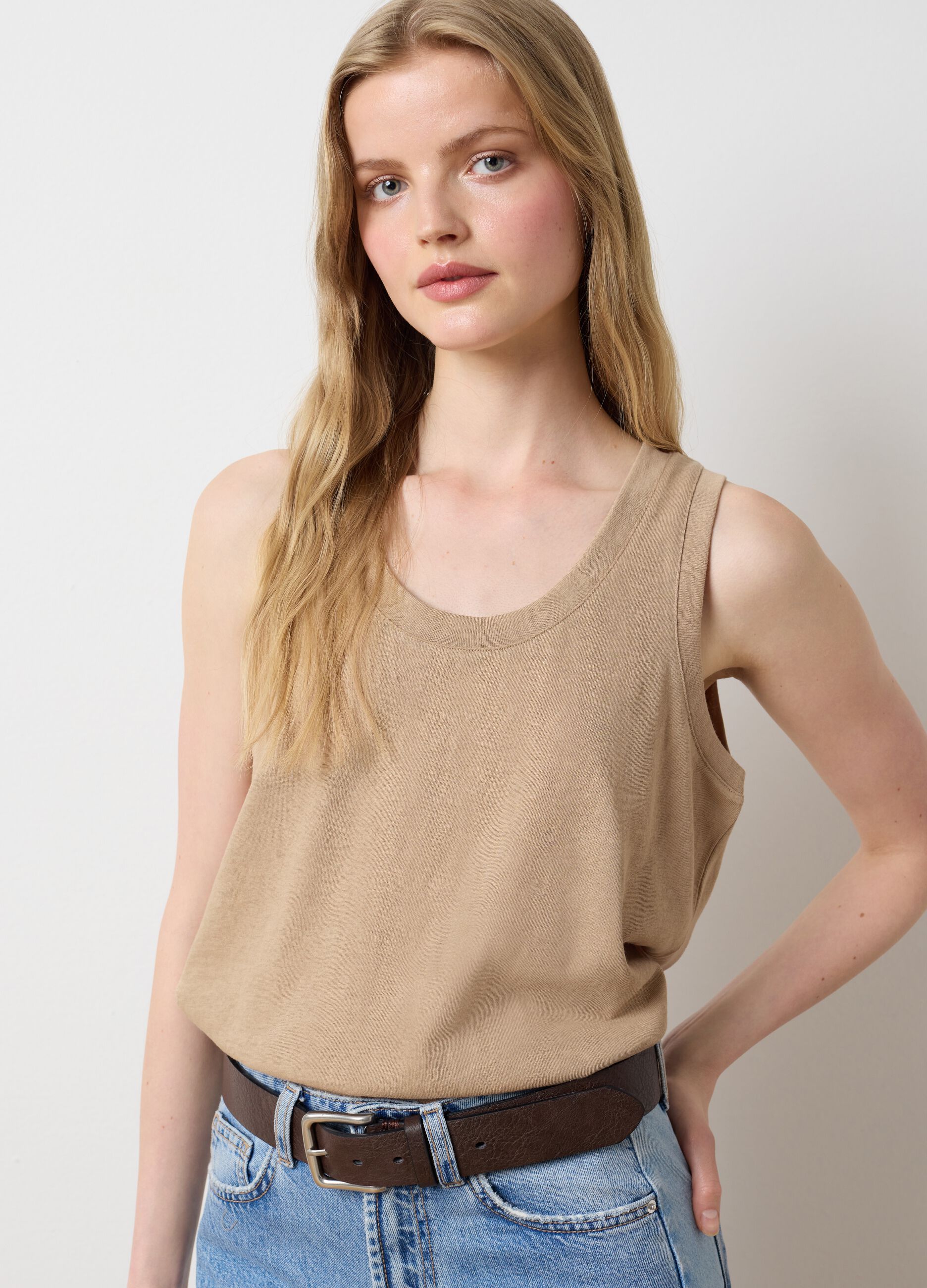 Canotta da donna in misto cotone beige regular fit