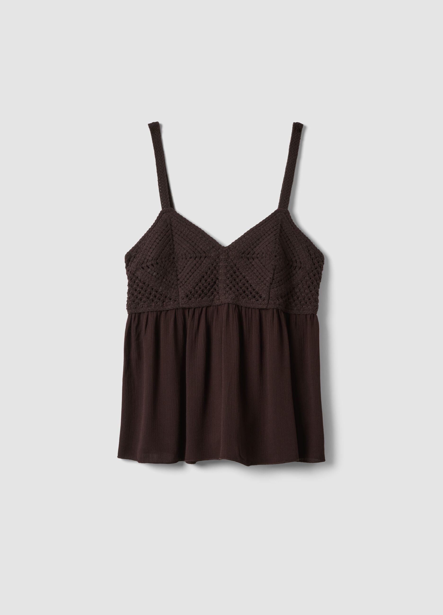 Brown pure viscose crochet tank top, regular fit
