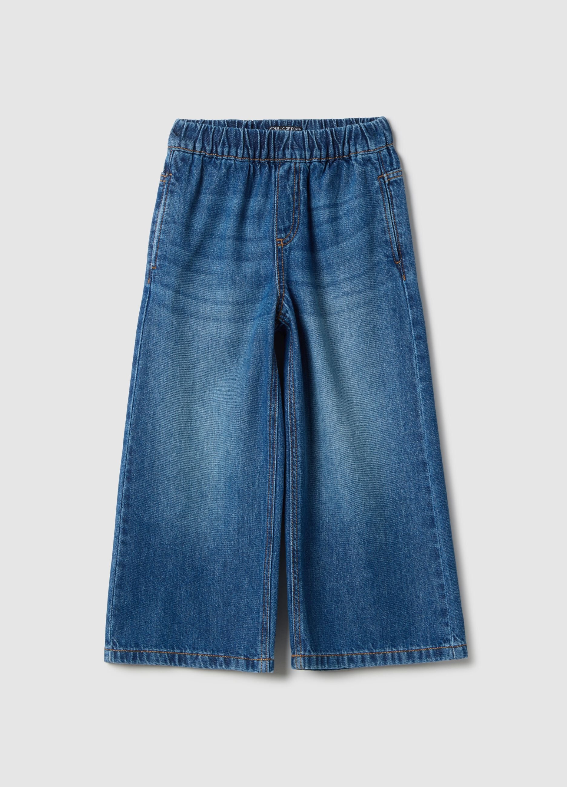 Wide-leg blue pure cotton jeans for girls