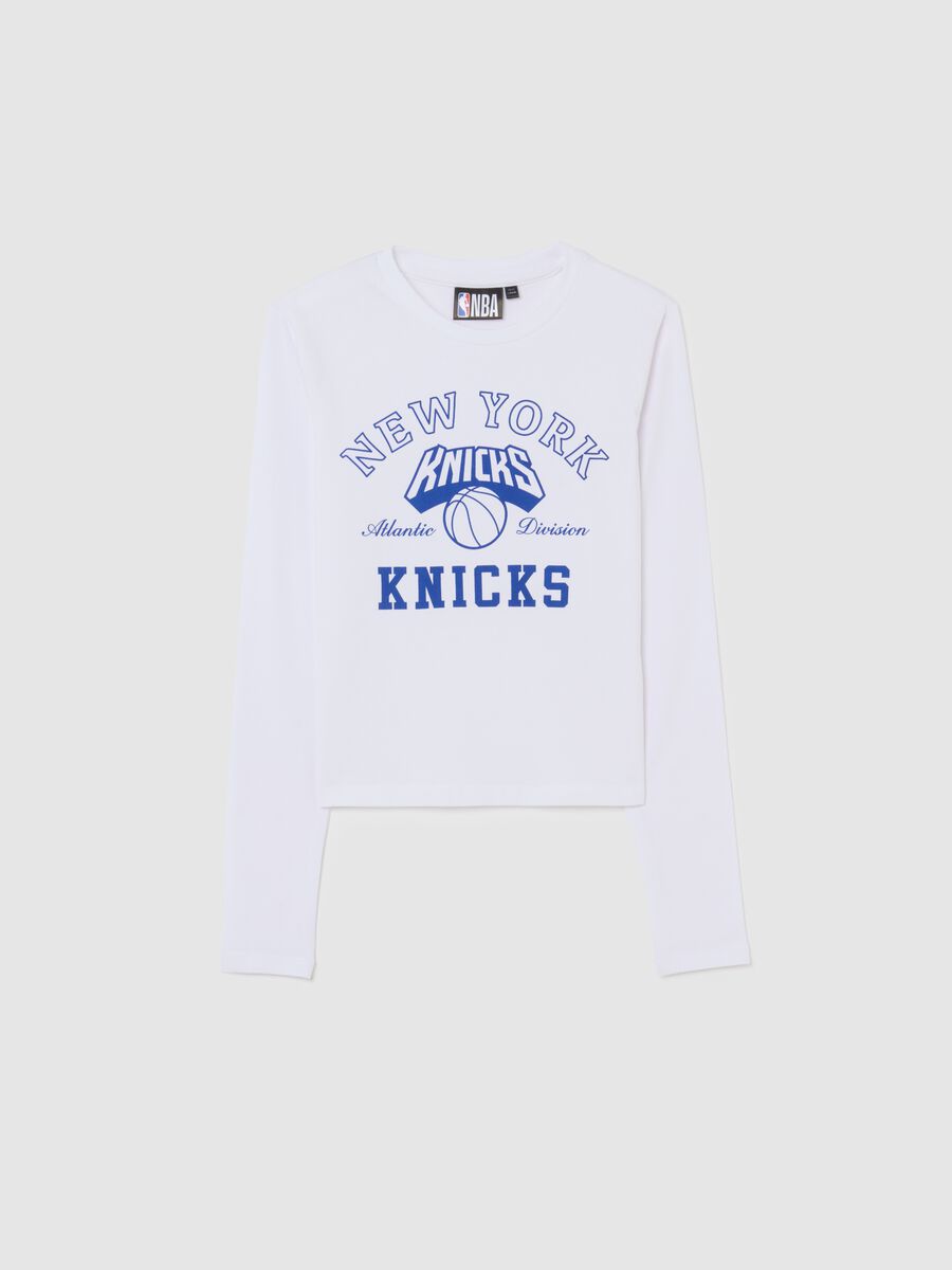 T-shirt bianca da ragazza in misto cotone slim fit con stampa Knicks_3
