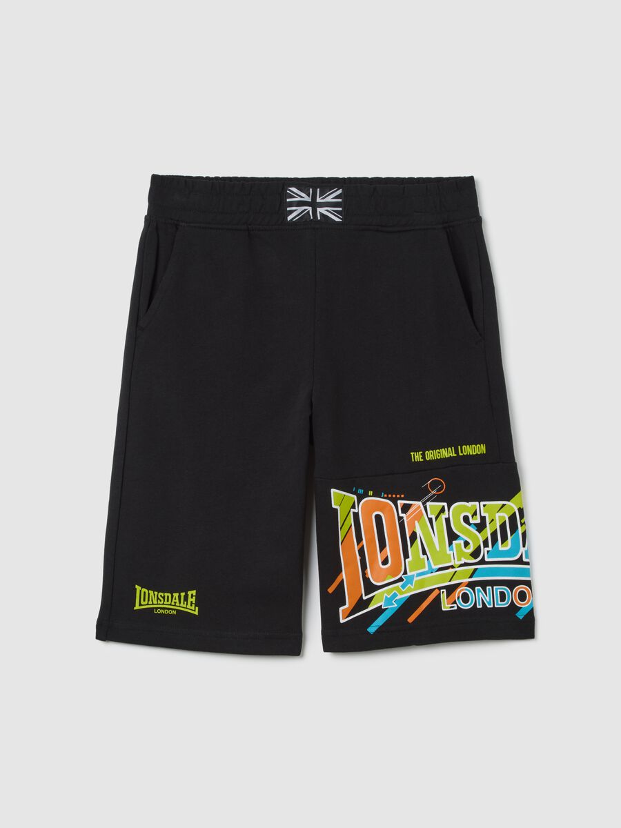 Shorts da bambino in puro cotone nero con elastico in vita_0
