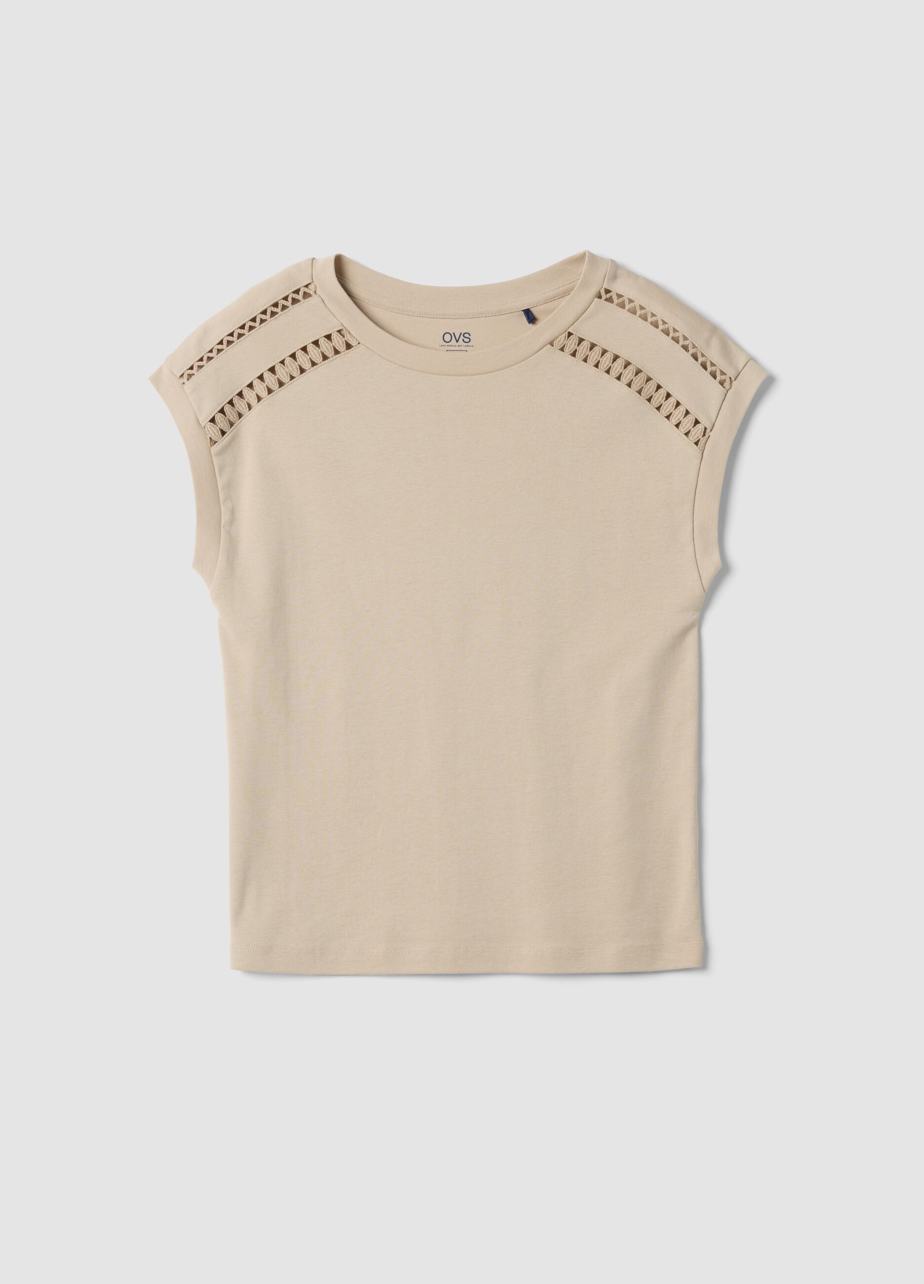 Beige pure cotton T-shirt with openwork inserts