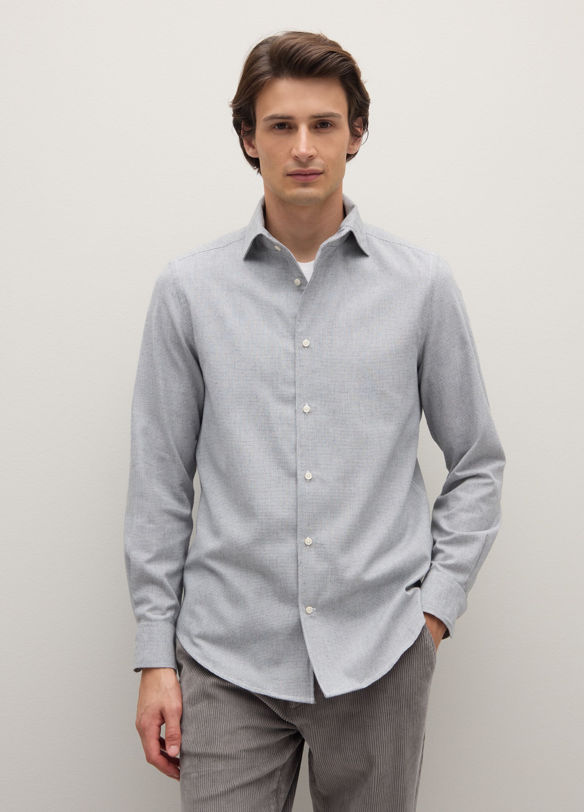 Grey checked cotton blend shirt in regular fit