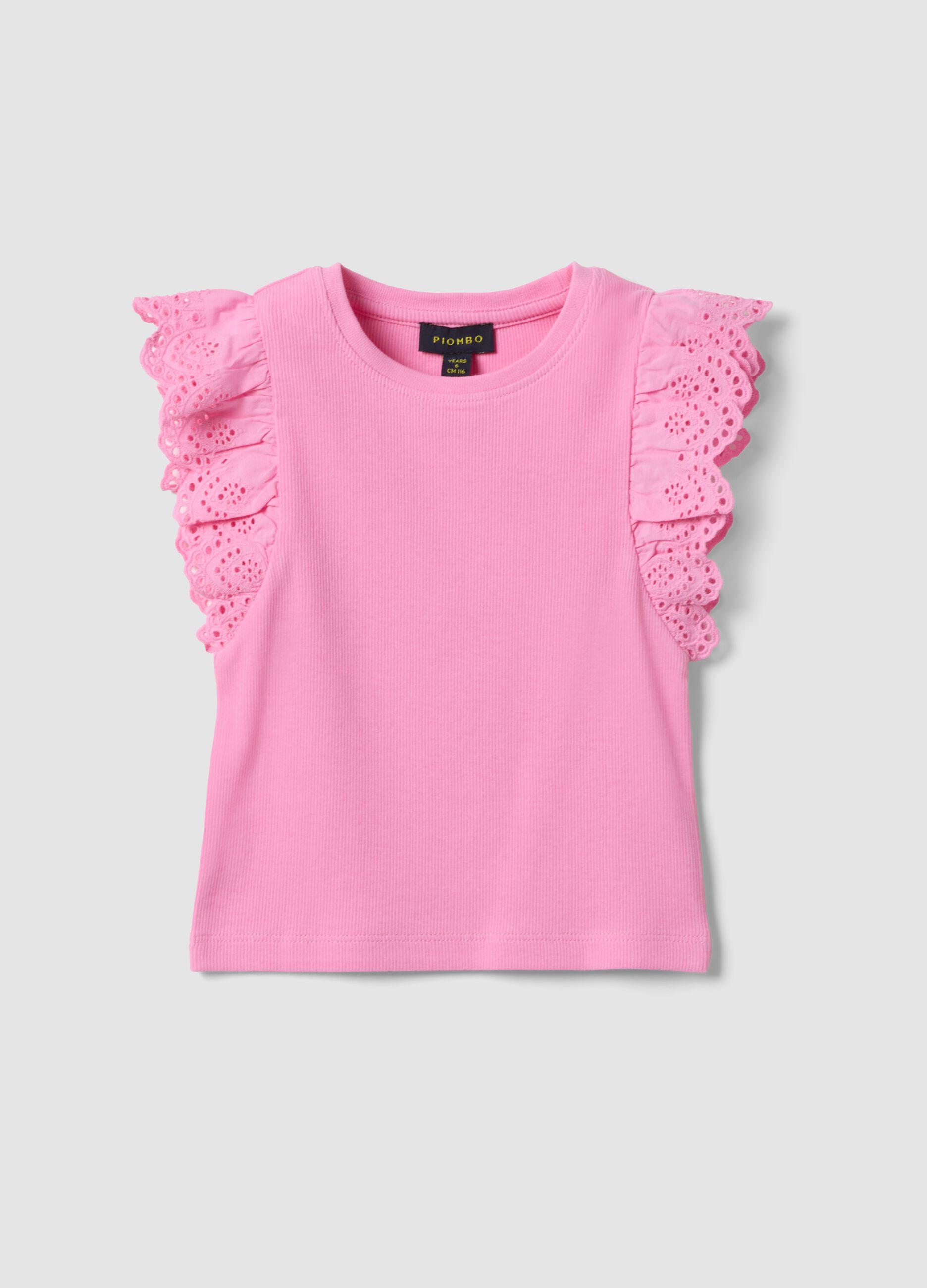 Girls&rsquo; pink stretch cotton vest top with ruffles