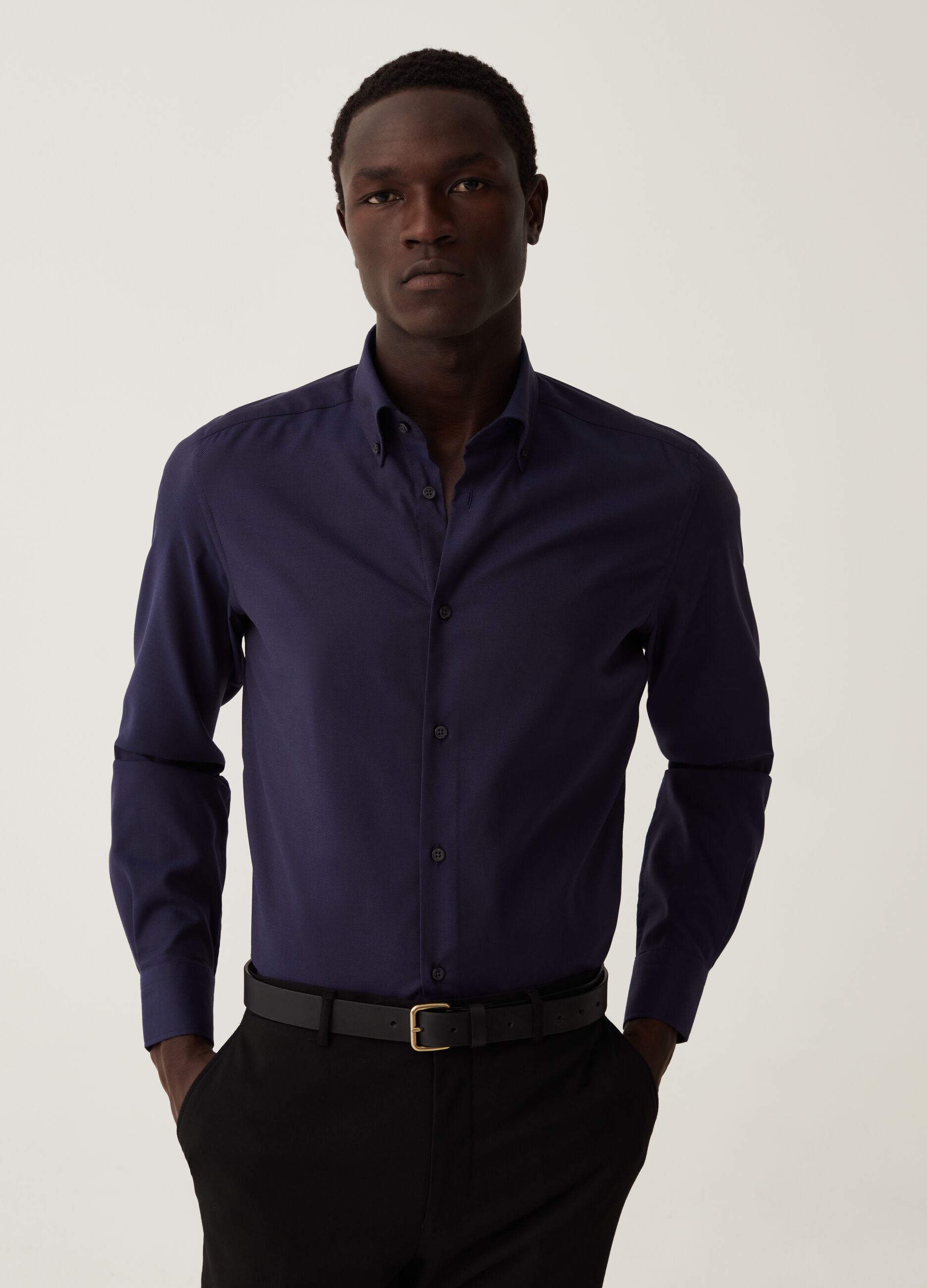 Camicia slim fit in cotone piquet_0
