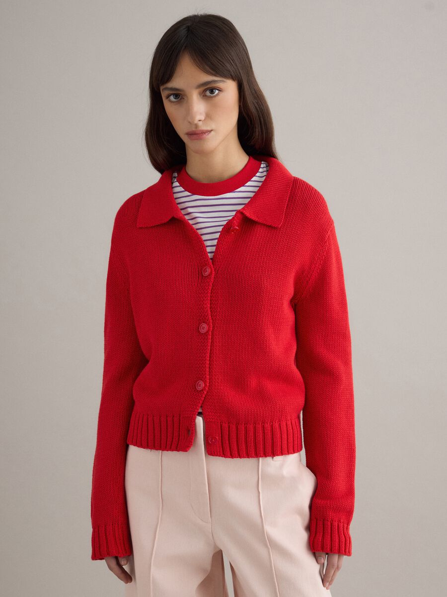 Regular Fit Red Cotton Cardigan with Polo Collar_0