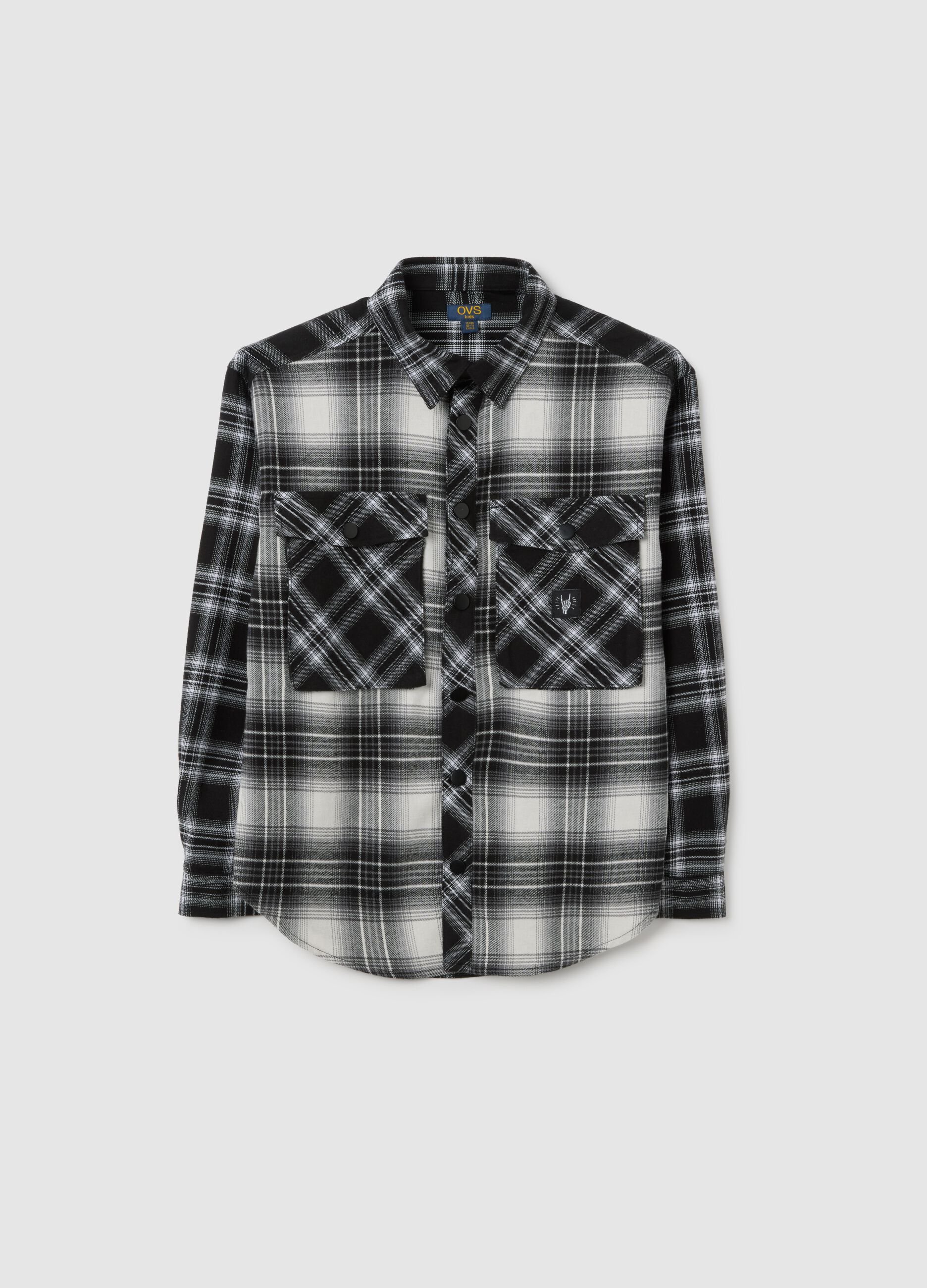 Camicia da ragazzo in puro cotone nera a quadri over fit