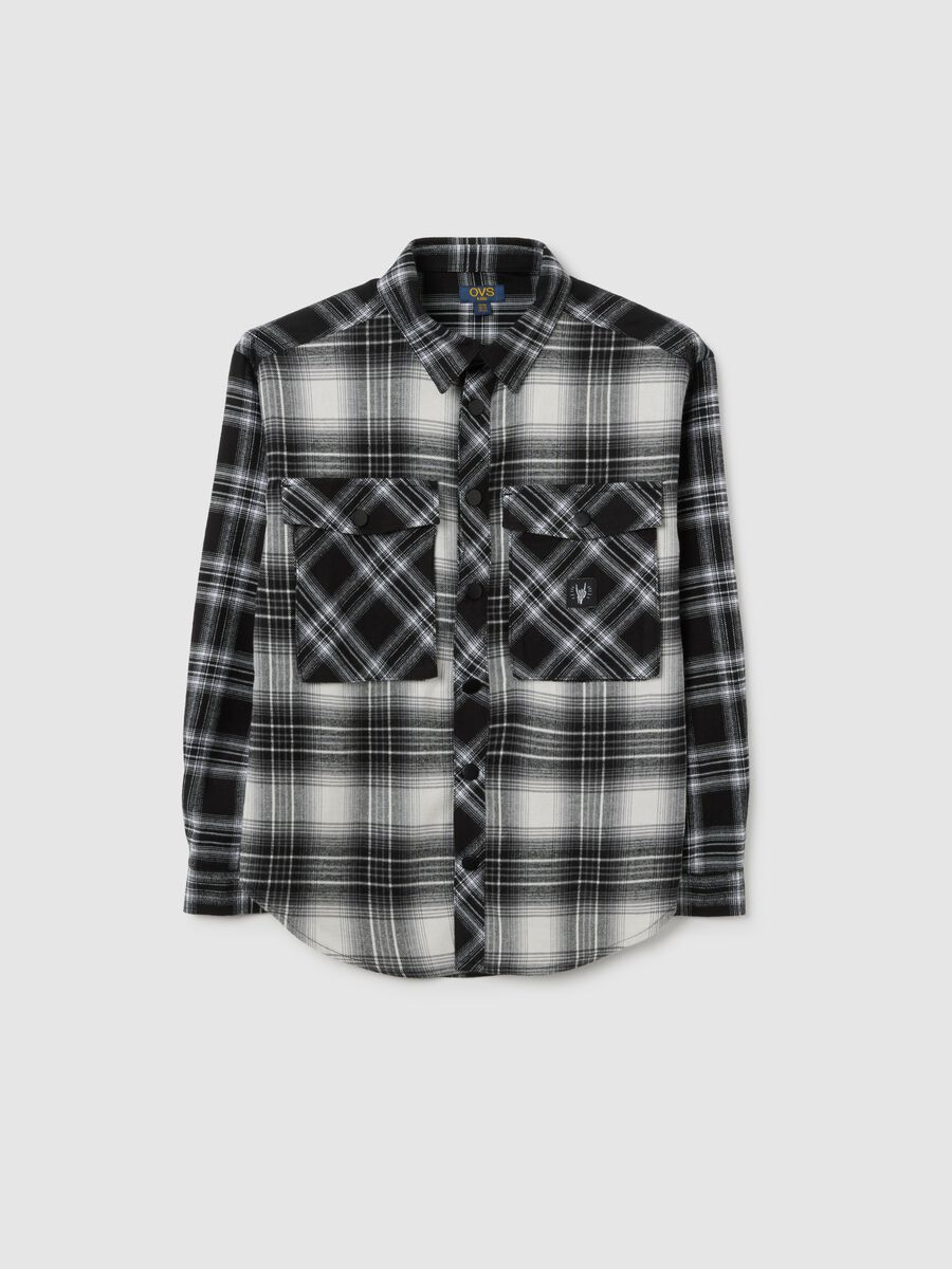 Camicia da ragazzo in puro cotone nera a quadri over fit_0