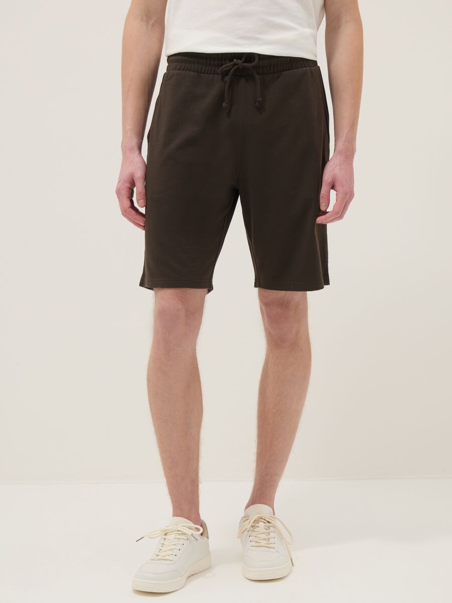 Brown cotton blend regular fit shorts_1