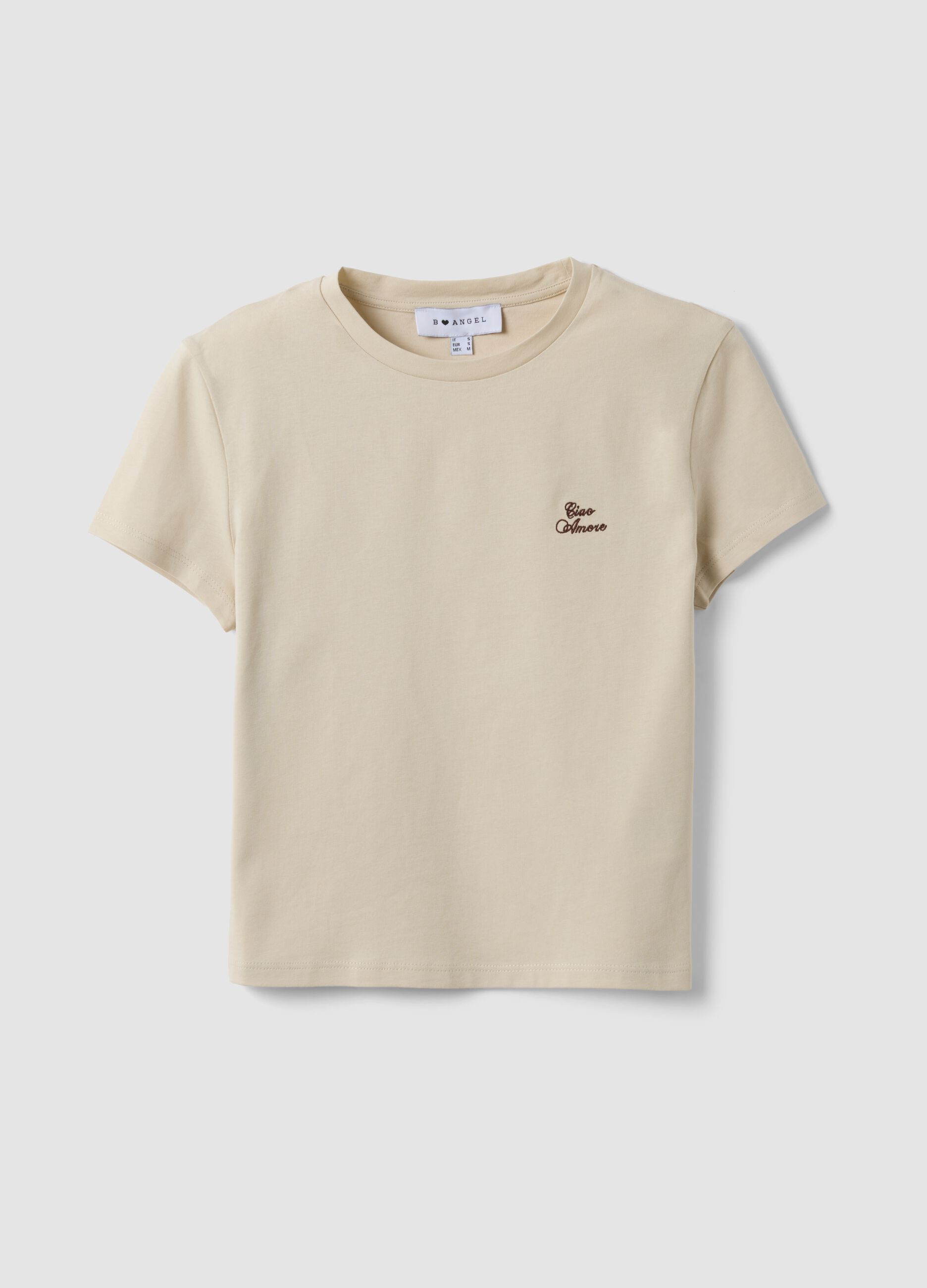 T-shirt crop beige in puro cotone a girocollo con stampa