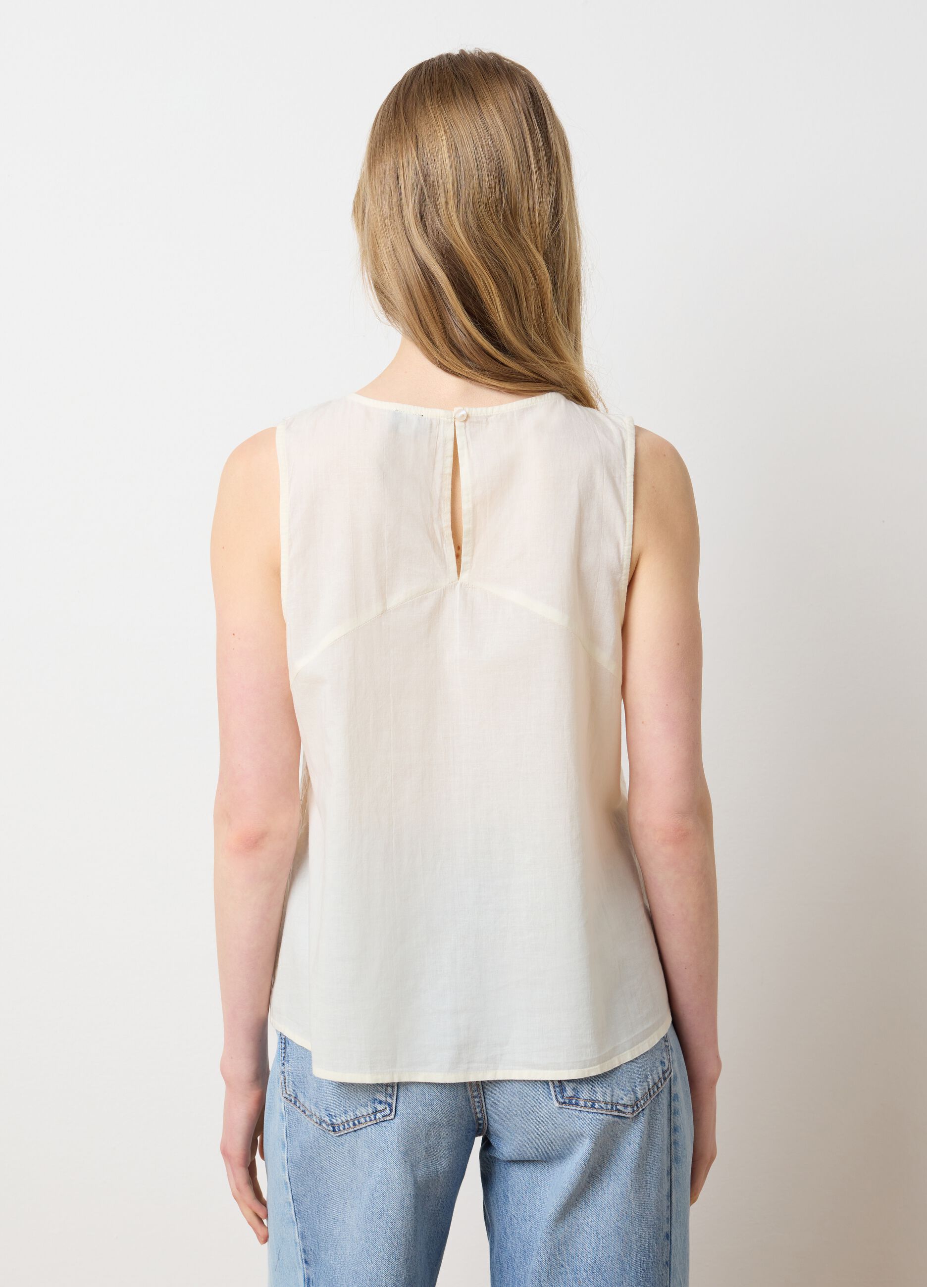 Top da donna in puro cotone beige regular fit con ricami