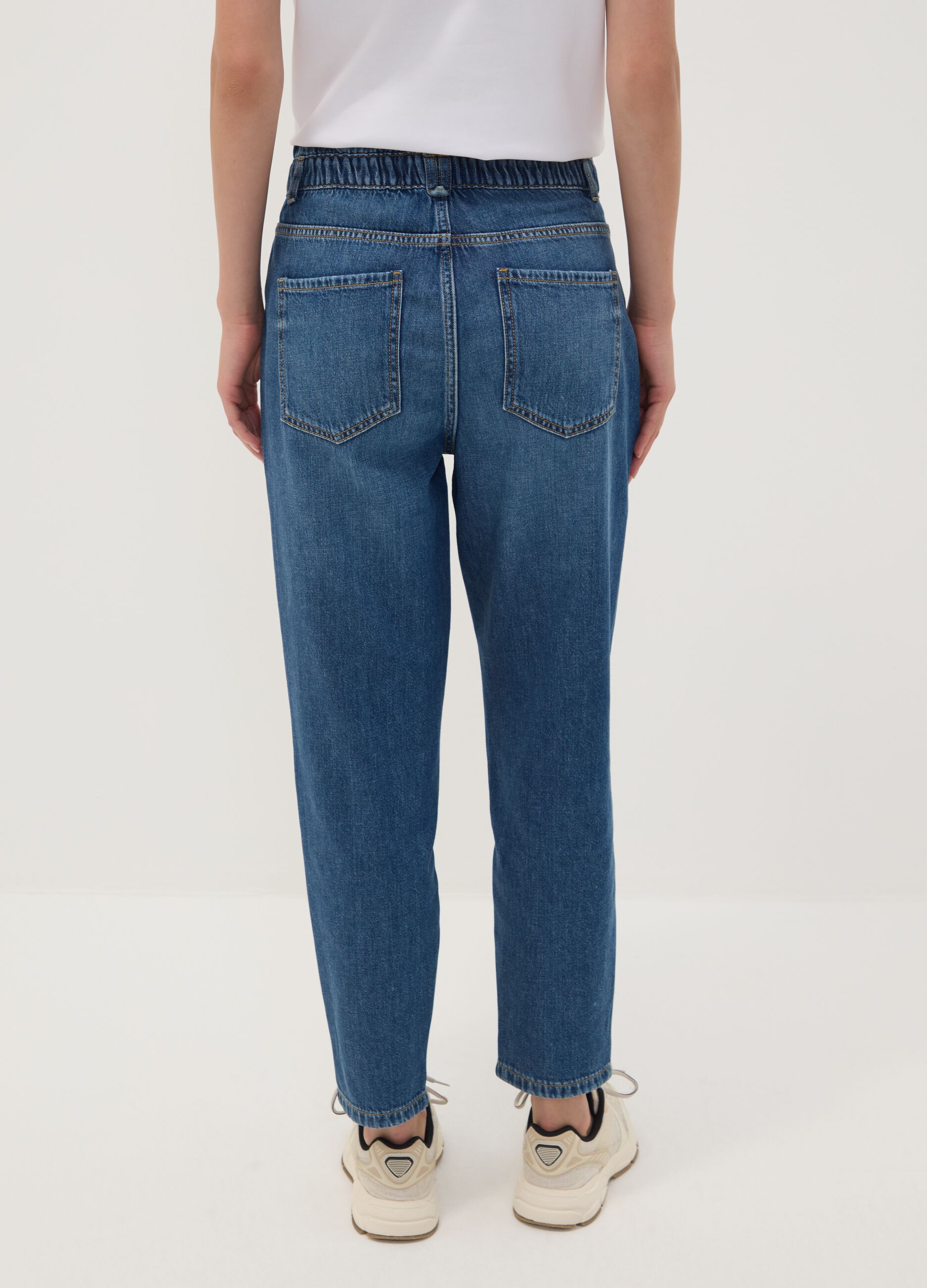 Jeans denim blu in puro cotone con vita paperbag baggy fit