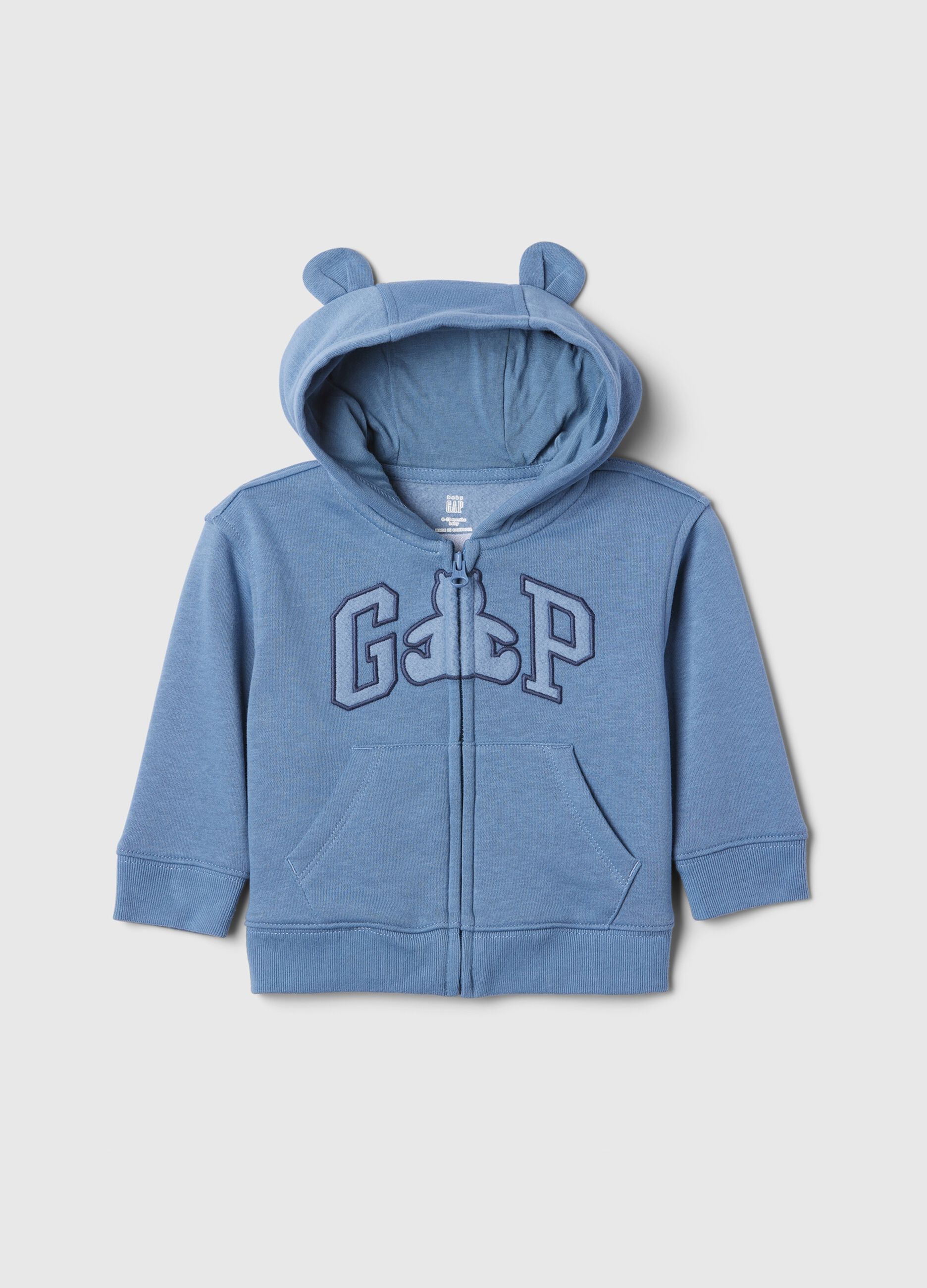 Full-zip sweatshirt with hood, logo embroidery and teddy bear