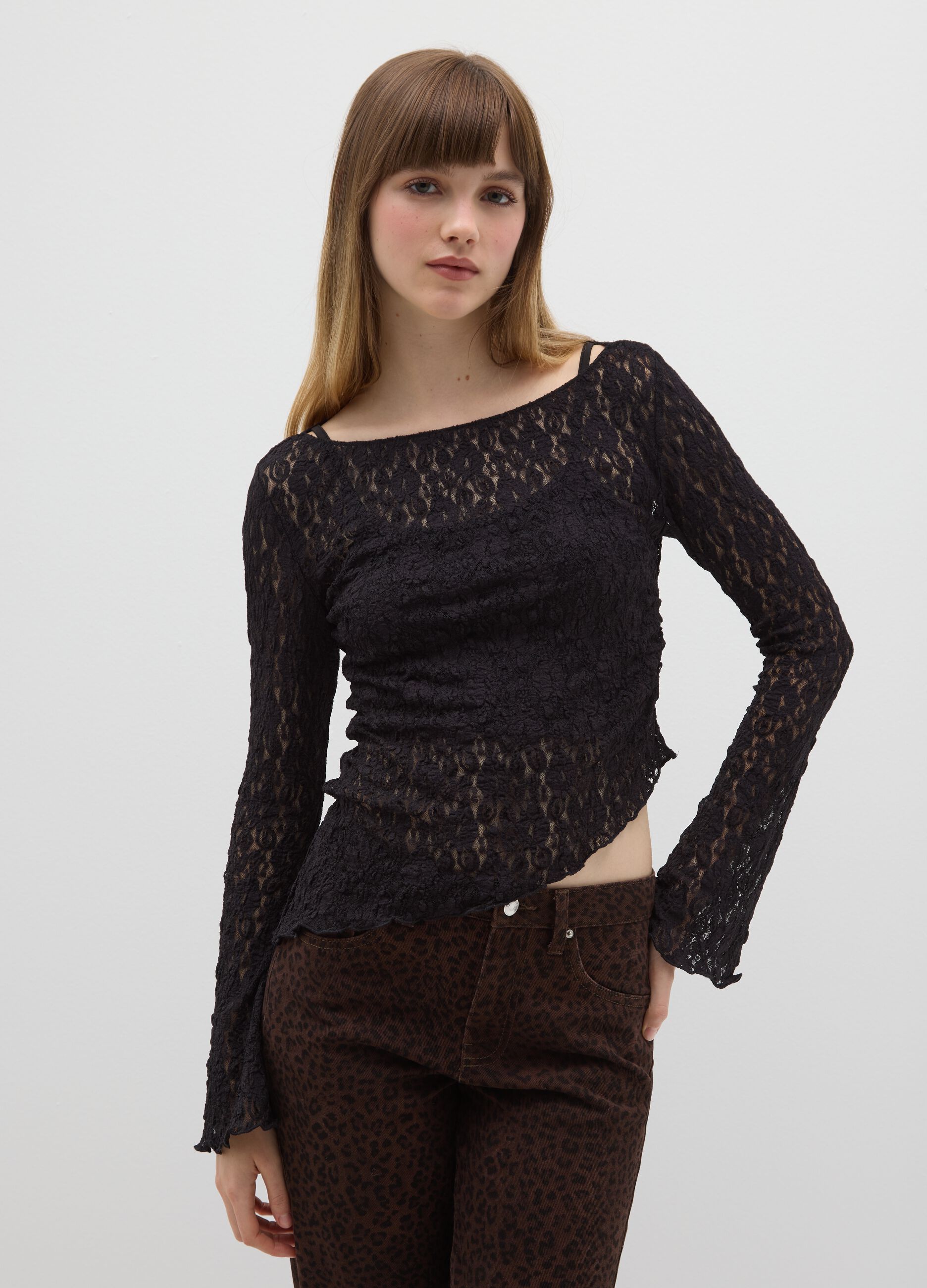 Black regular fit lace long sleeve top with boat neckline