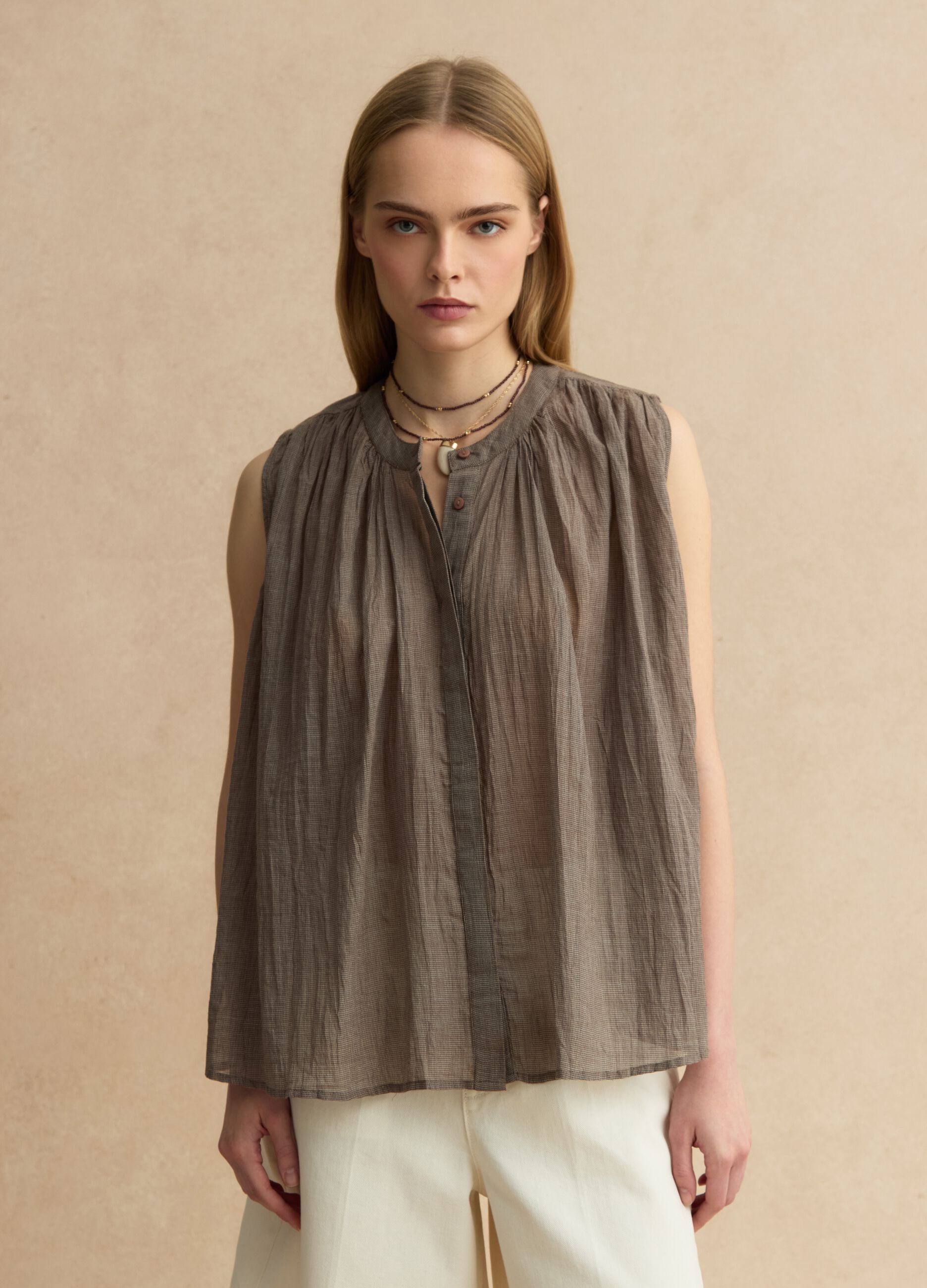 Brown Pure Cotton Sleeveless Blouse Regular Fit