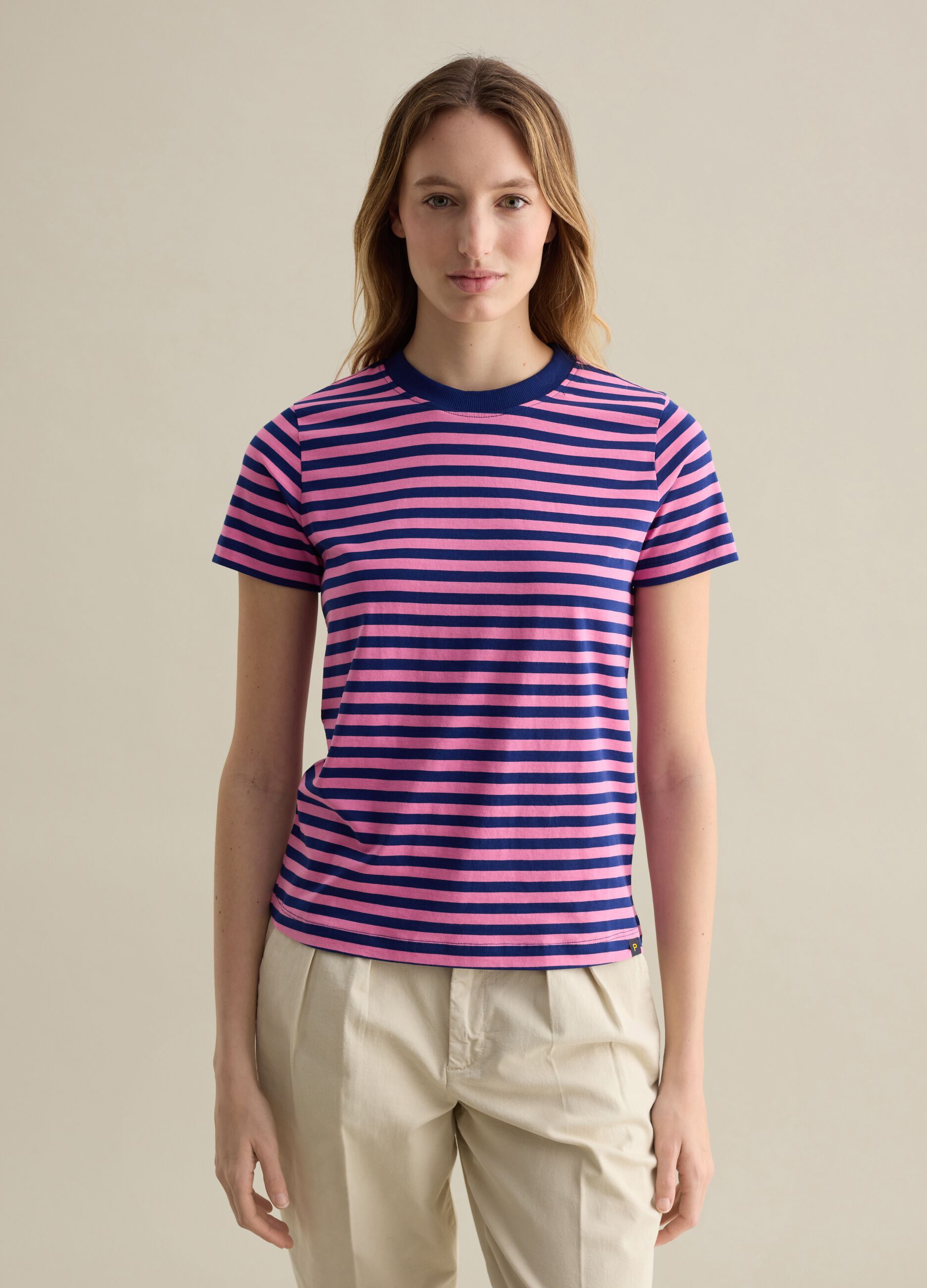 Pink and blue striped T-shirt with short sleeves