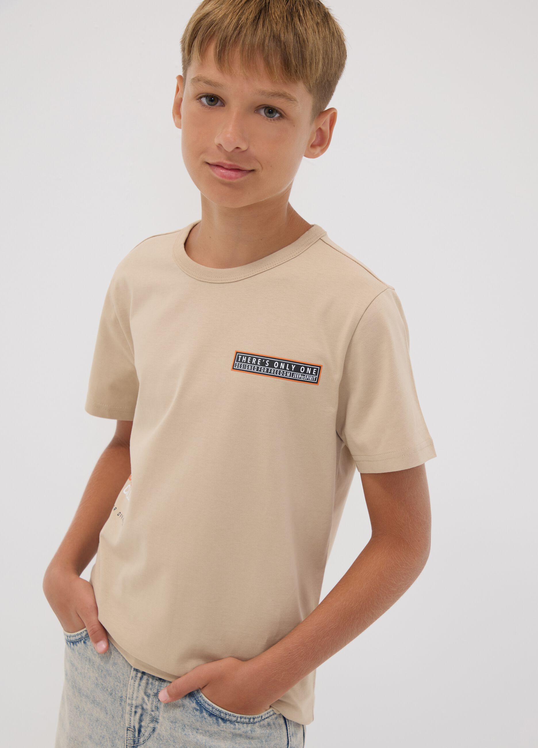 Beige pure cotton T-shirt with front and back print