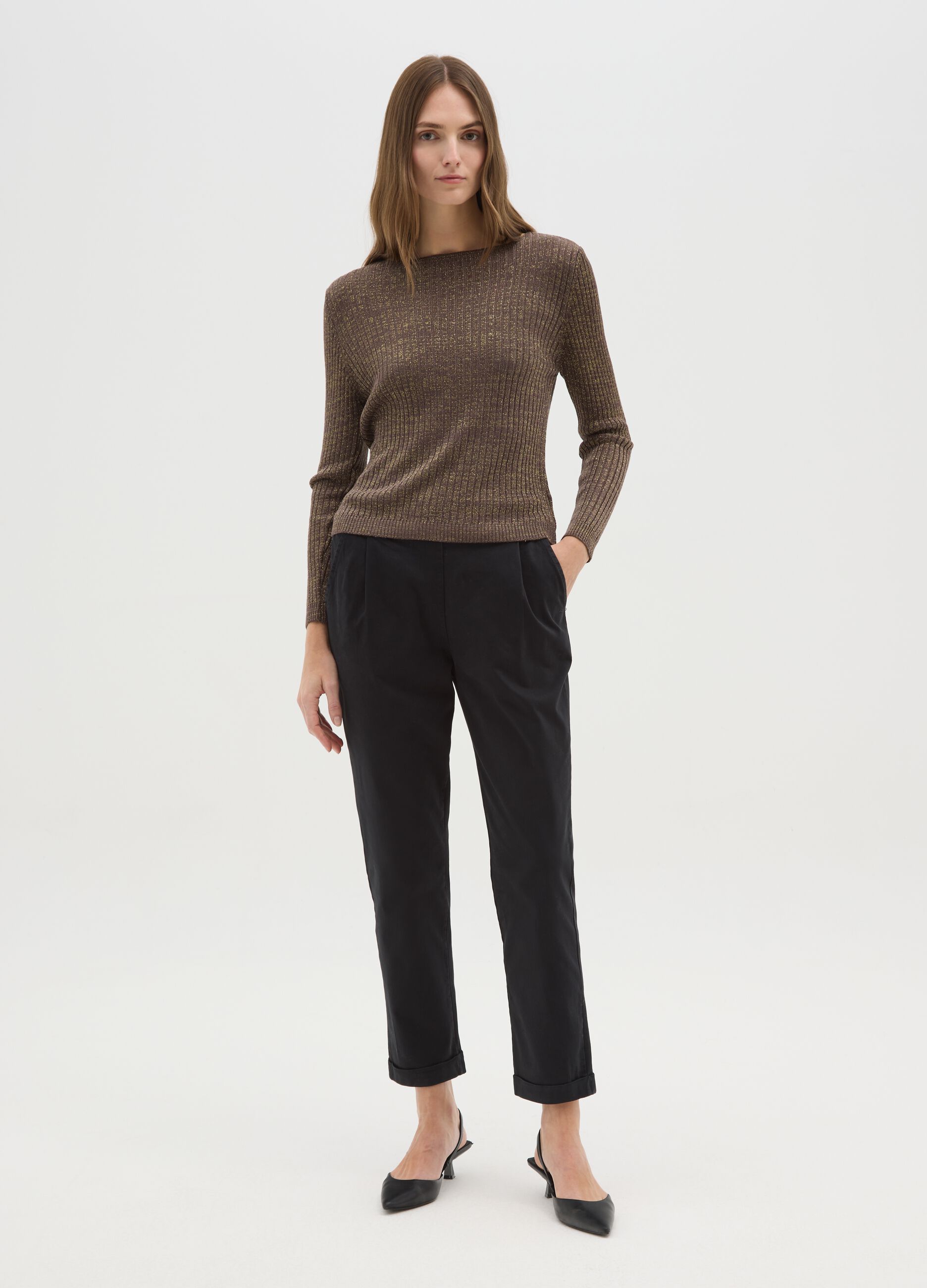 Brown Ribbed Jumper with Metallic Fibres