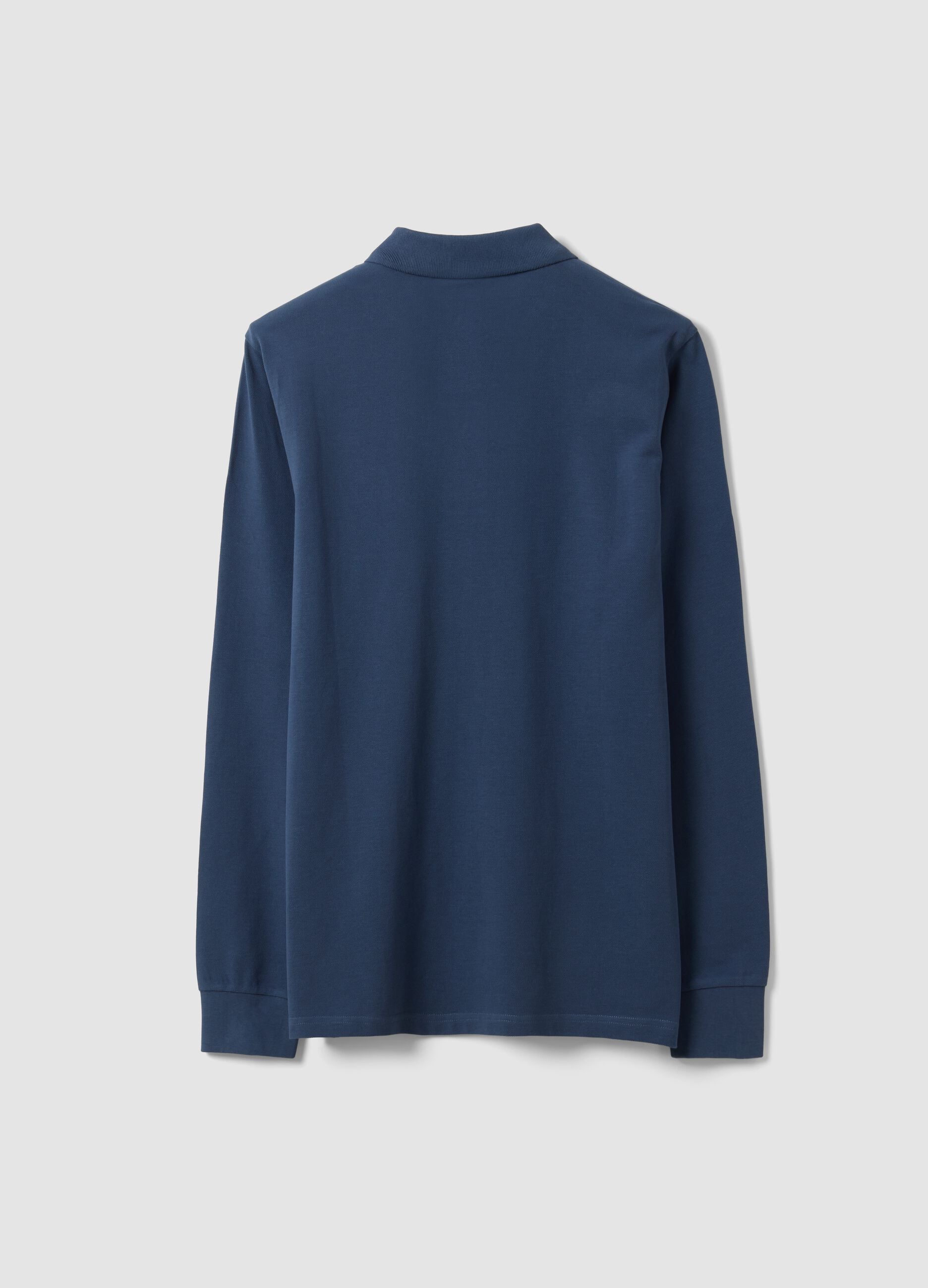 Blue long-sleeve organic cotton piqu&eacute; polo shirt, regular fit