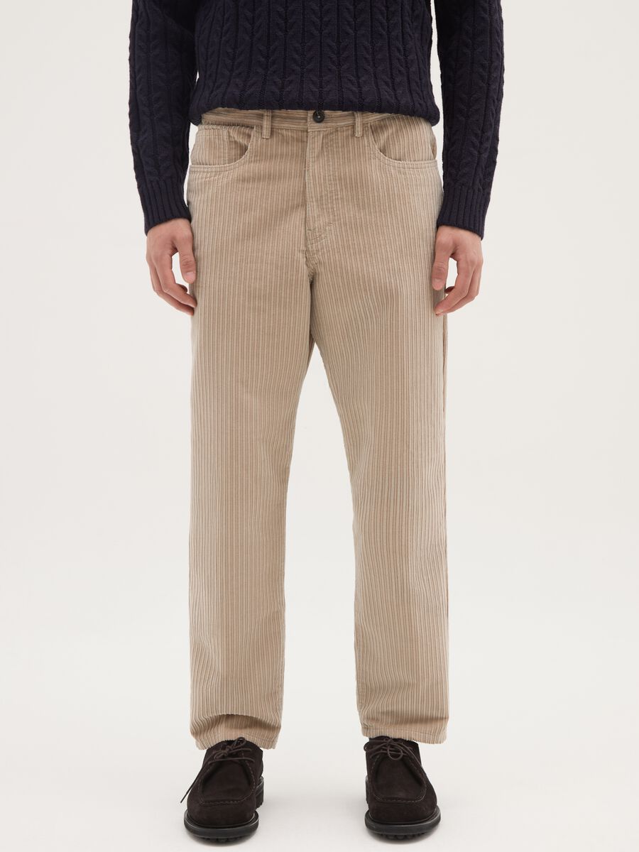 Beige ribbed cotton blend trousers in regular fit_1