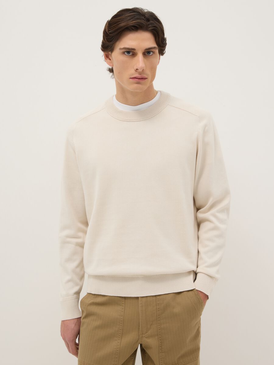 Regular Fit Beige Crew Neck Sweater in Pure Cotton_0